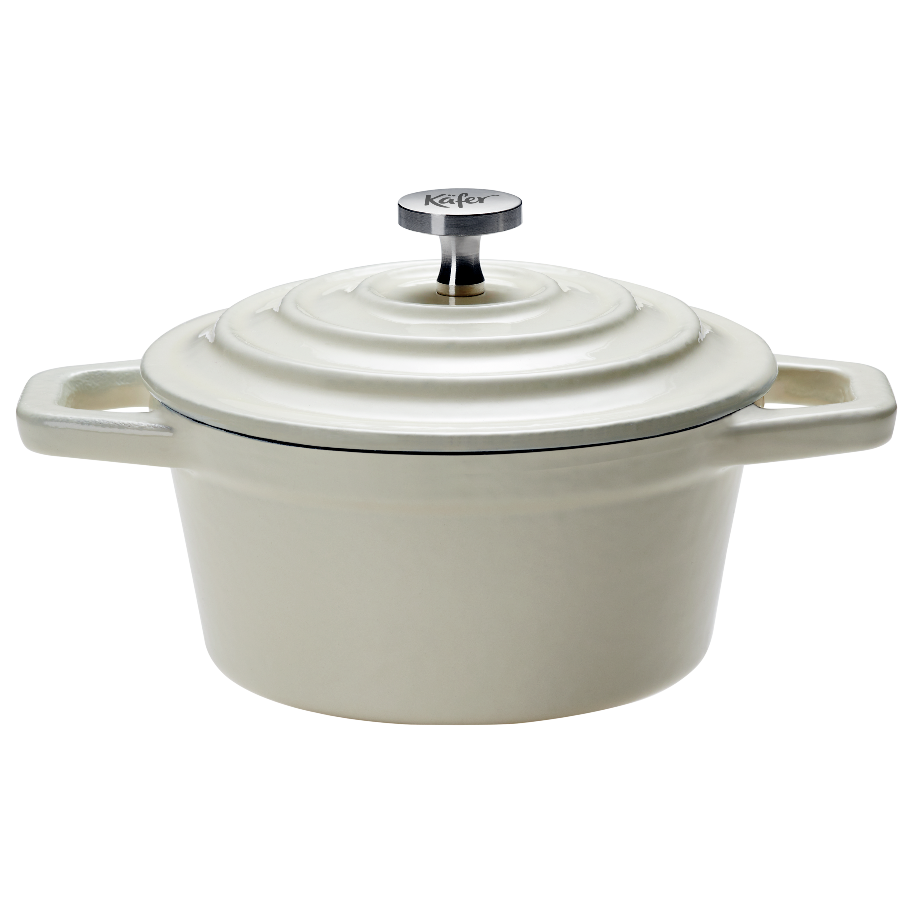 Eine cremefarbene Emaille-Gusseisen-Cocotte mit Deckel und zwei Griffen.
