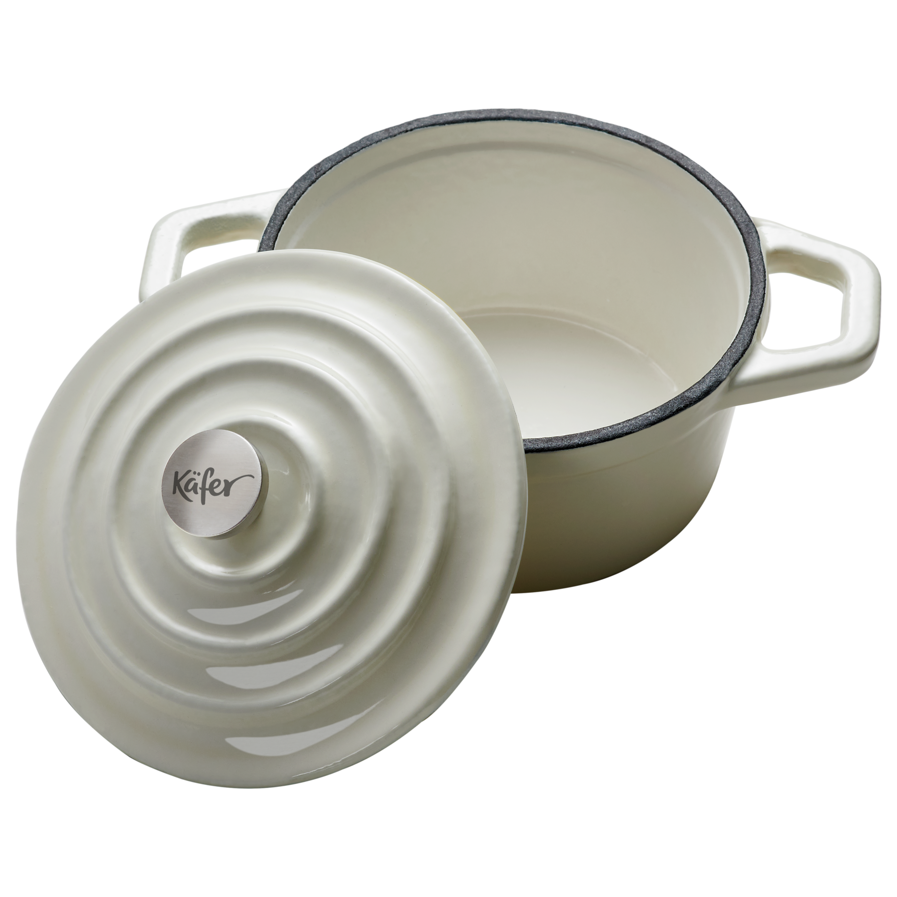 Eine cremefarbene Emaille-Suppentopf mit Deckel und zwei Griffen.