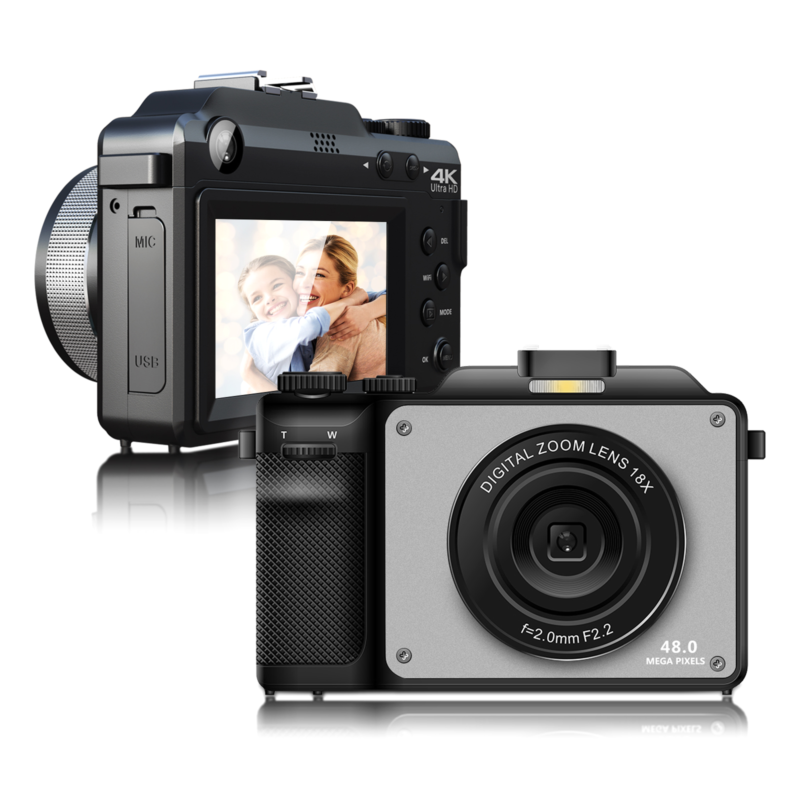 Digitalkamera mit 18-fachem Zoom und 48 MP. Zeigt ein Foto einer Mutter mit Kind.