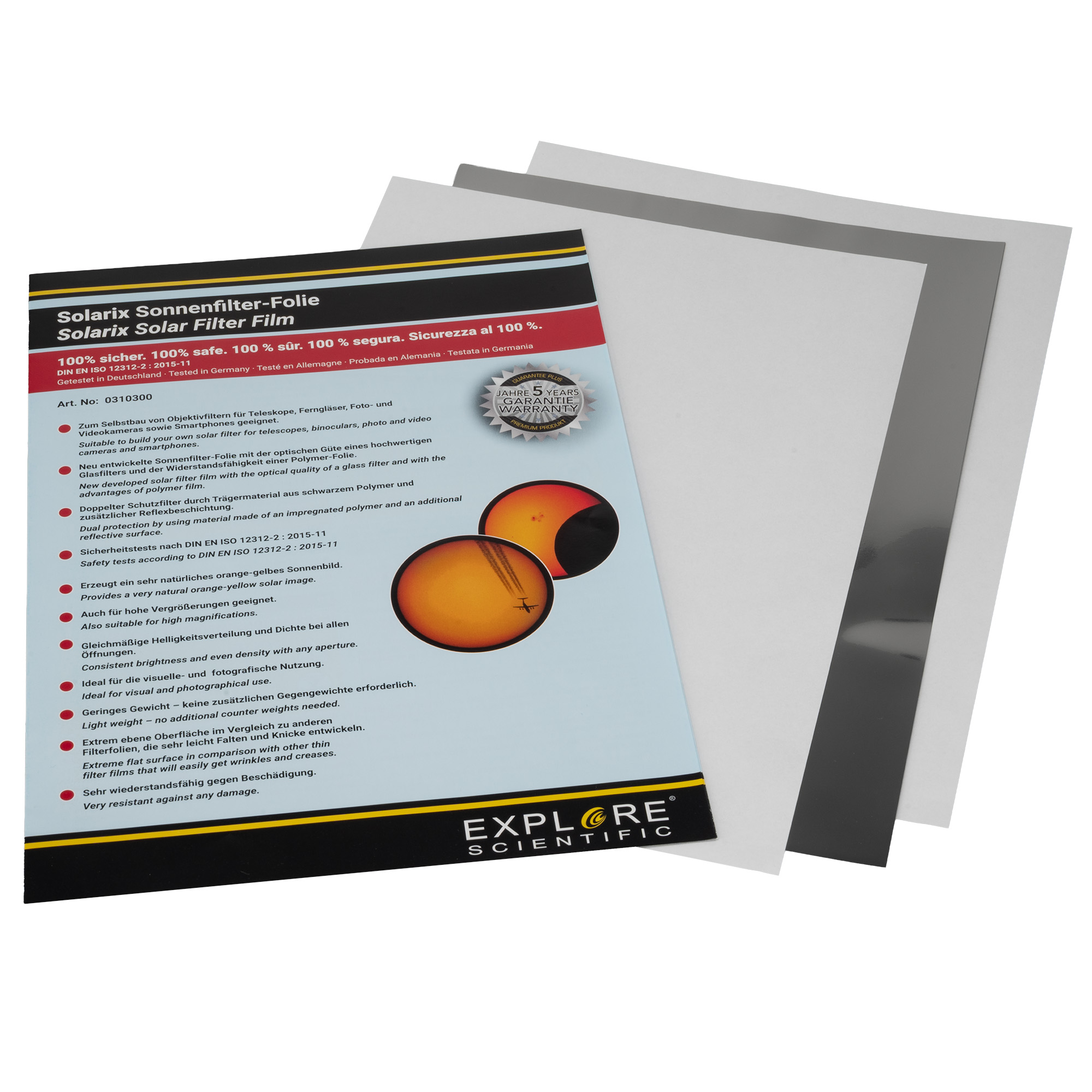 Verpackung für Solarix Solar Filter Folie mit Sonnenabbildung und Garantie-Siegel.