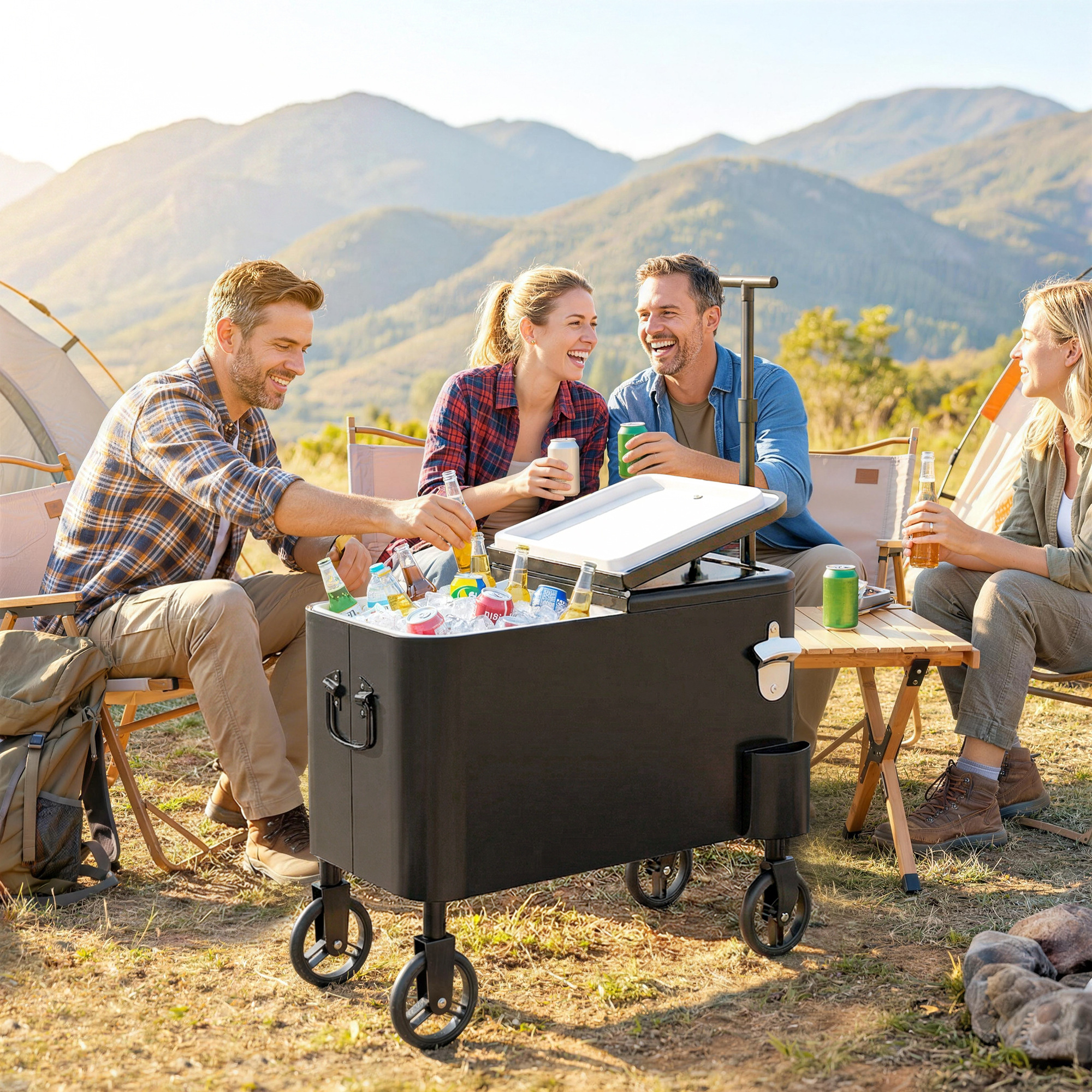 Cuatro amigos acampan en las montañas con una nevera llena de bebidas.