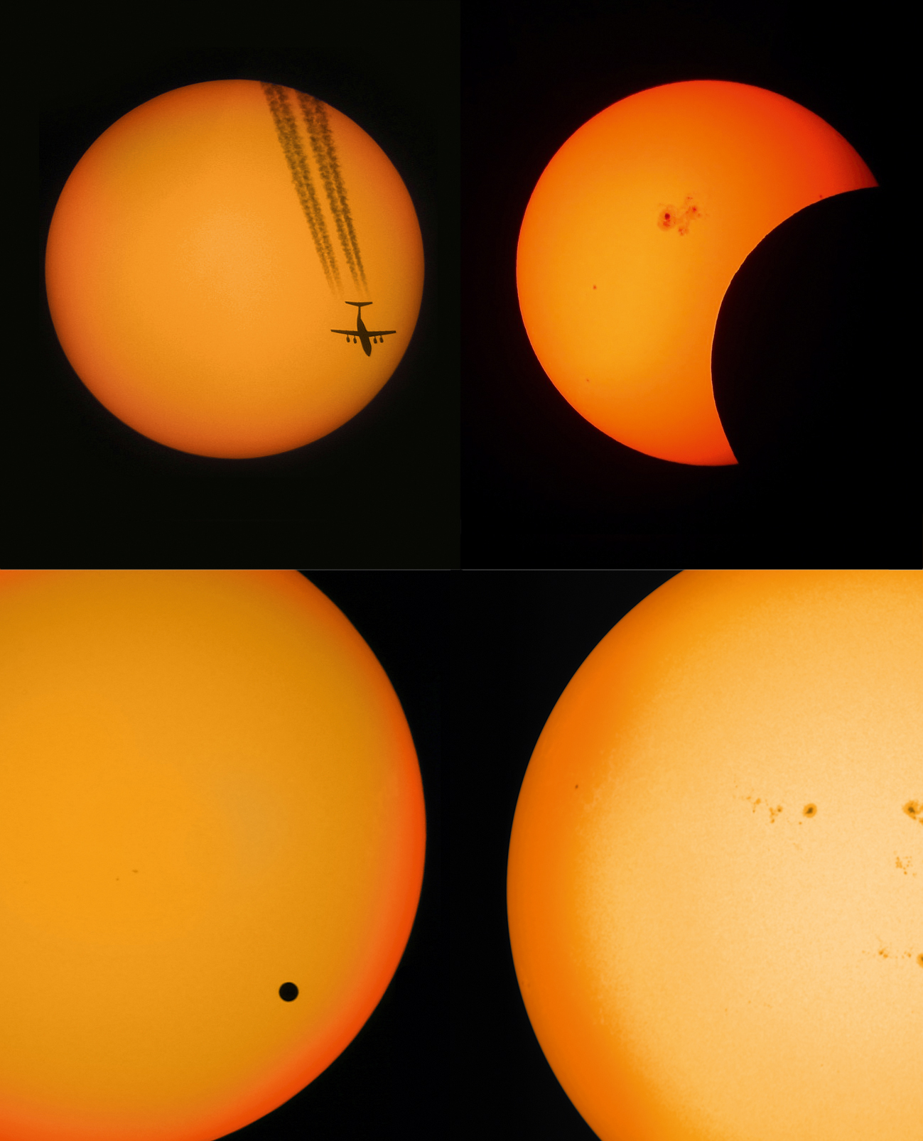 Vier Sonnenbilder: Flugzeug mit Kondensstreifen, partielle Sonnenfinsternis, Venusdurchgang, Sonnenflecken.