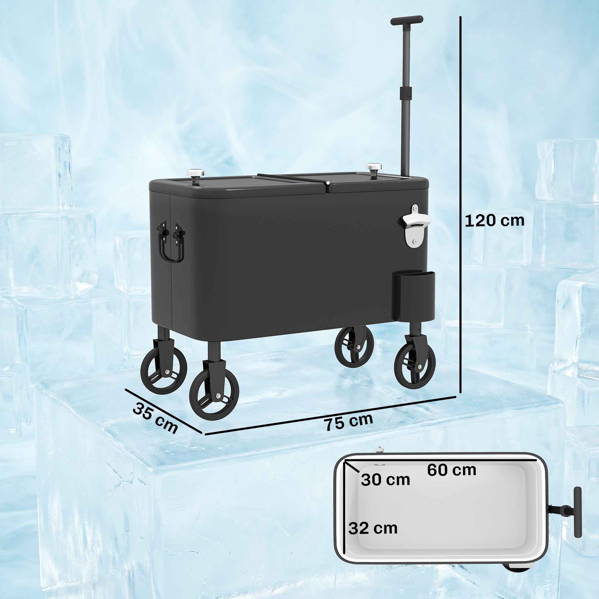 Enfriador negro con ruedas, abridor y asas, dimensiones 75x35x120cm.