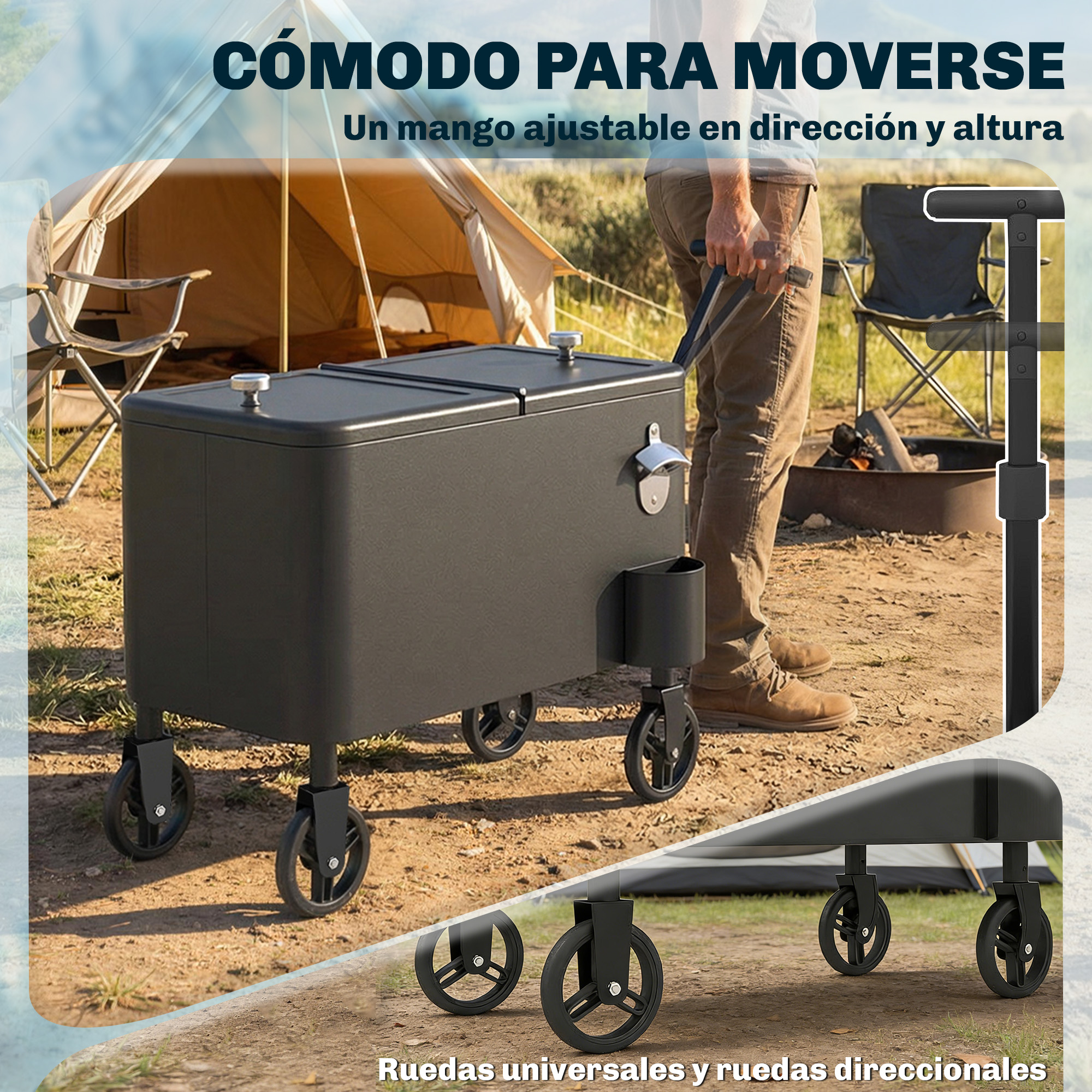 Un hombre tira de una hielera negra con ruedas al aire libre, con una tienda de campaña al fondo.