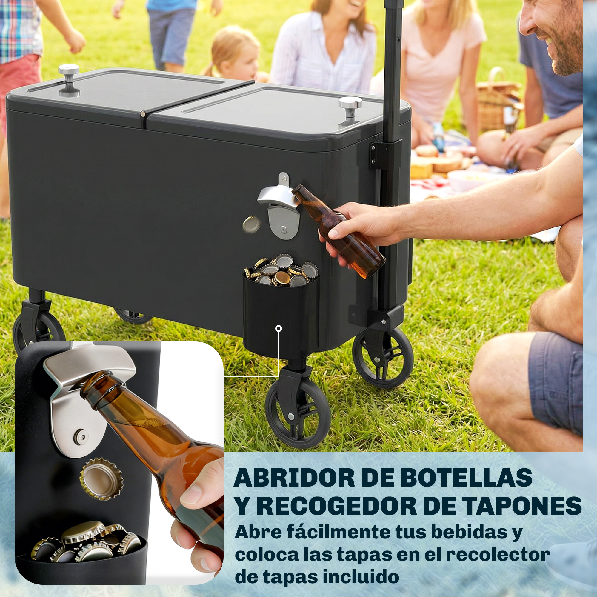 Enfriador negro con abridor y recogedor de tapas en exteriores. Gente de picnic.