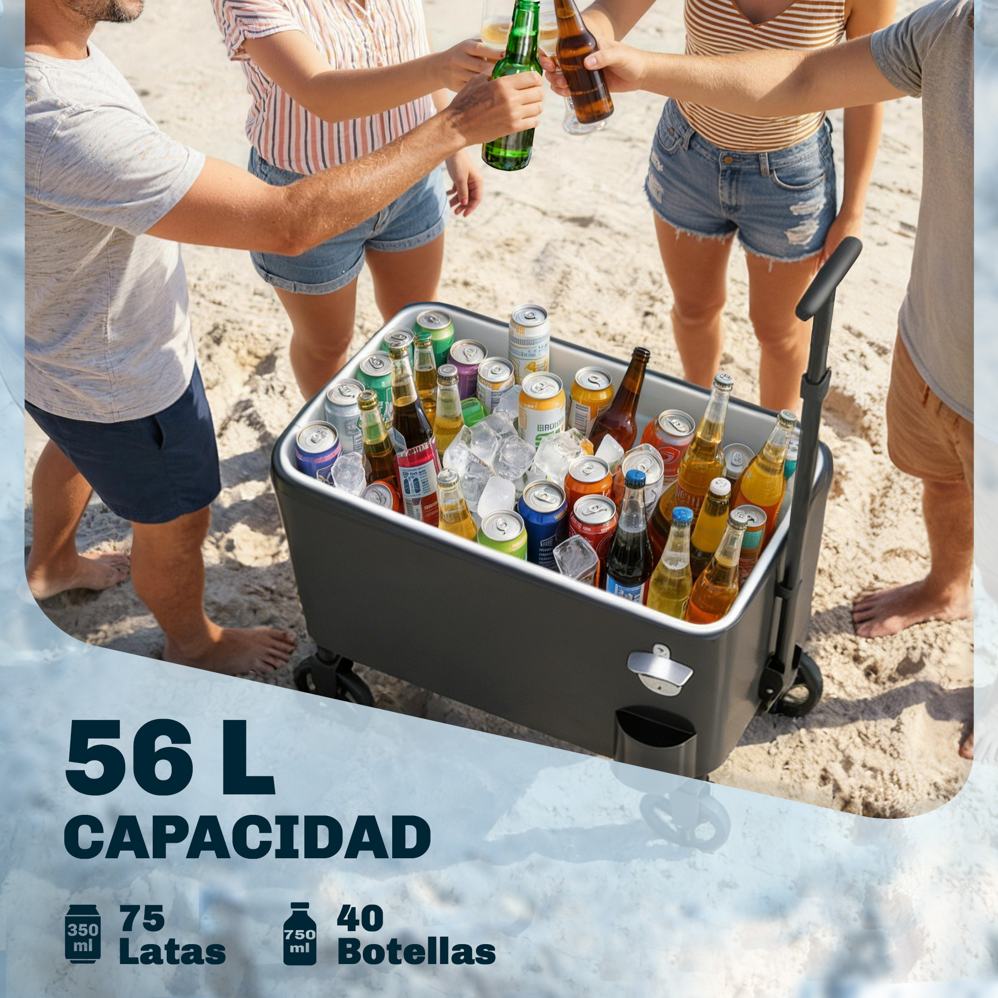 Gente brindando con bebidas en la playa junto a una nevera llena.