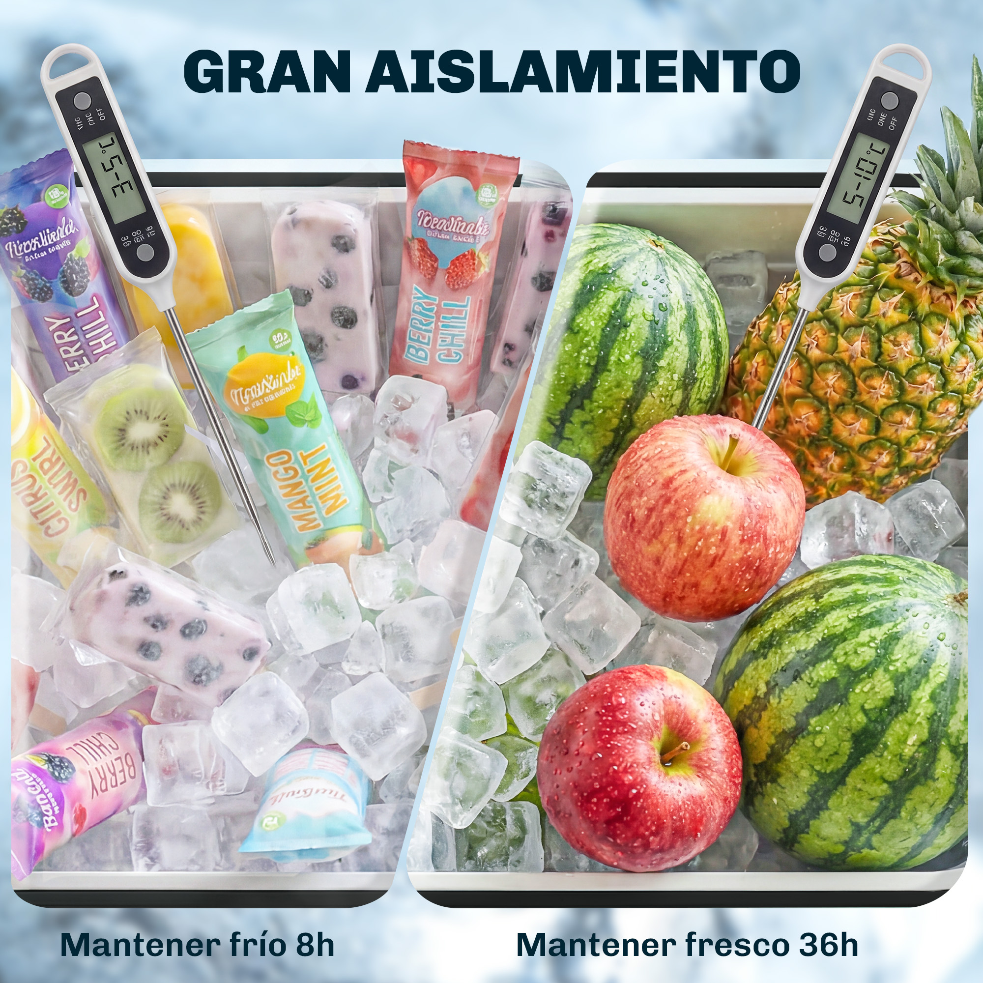 Una nevera con hielo, helados, frutas y termómetros. Golosinas congeladas a la izquierda, frutas enteras a la derecha.