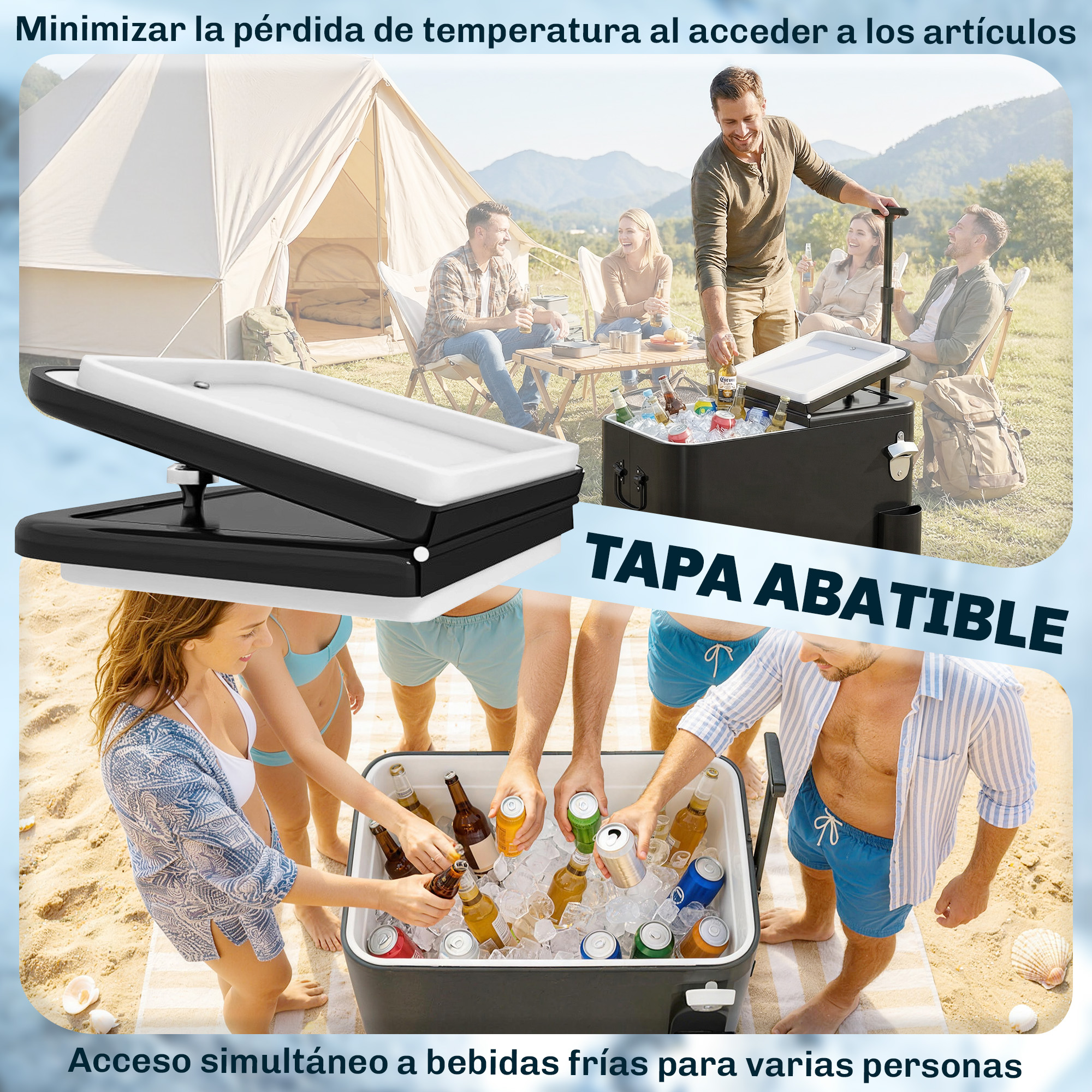 Nevera con tapa abatible y hielo, llena de bebidas, en la playa y de camping.
