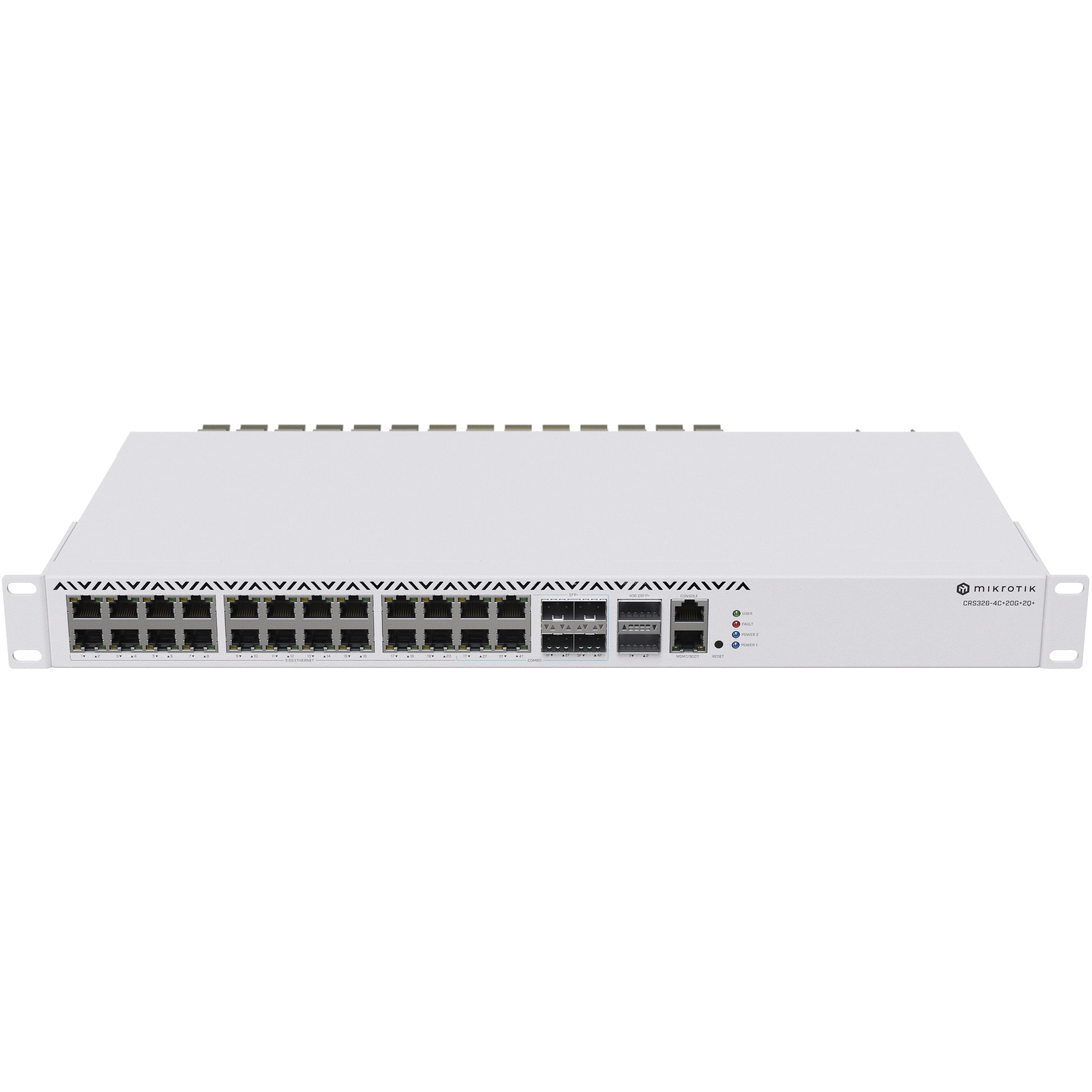 Biały przełącznik sieciowy Mikrotik z 20 portami Ethernet 2.5G i 4 portami QSFP+ 40G.