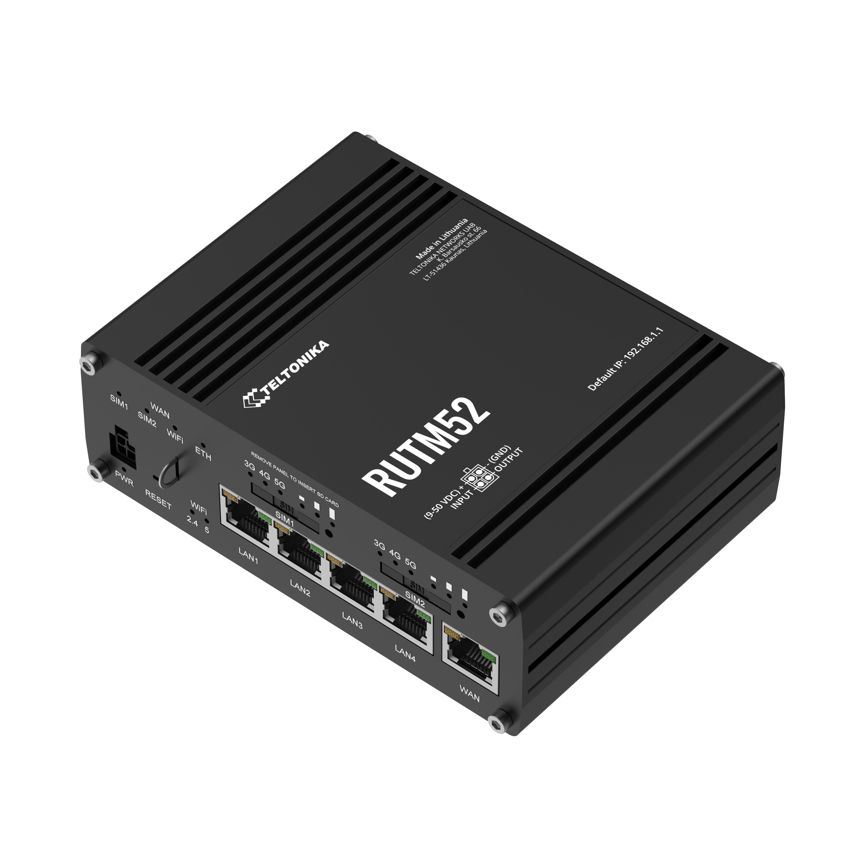 Czarny router Teltonika RUTM52 z portami SIM, LAN, WAN, ETH, WiFi i zasilania.