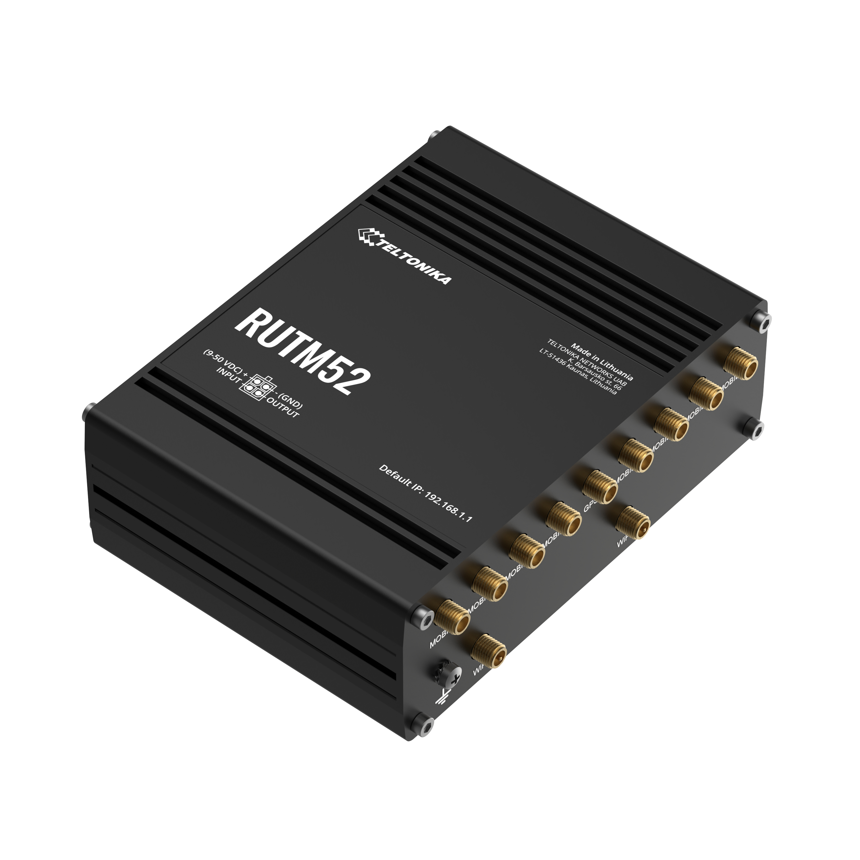 Czarny router Teltonika RUTM52 z wieloma portami, wyprodukowany na Litwie.