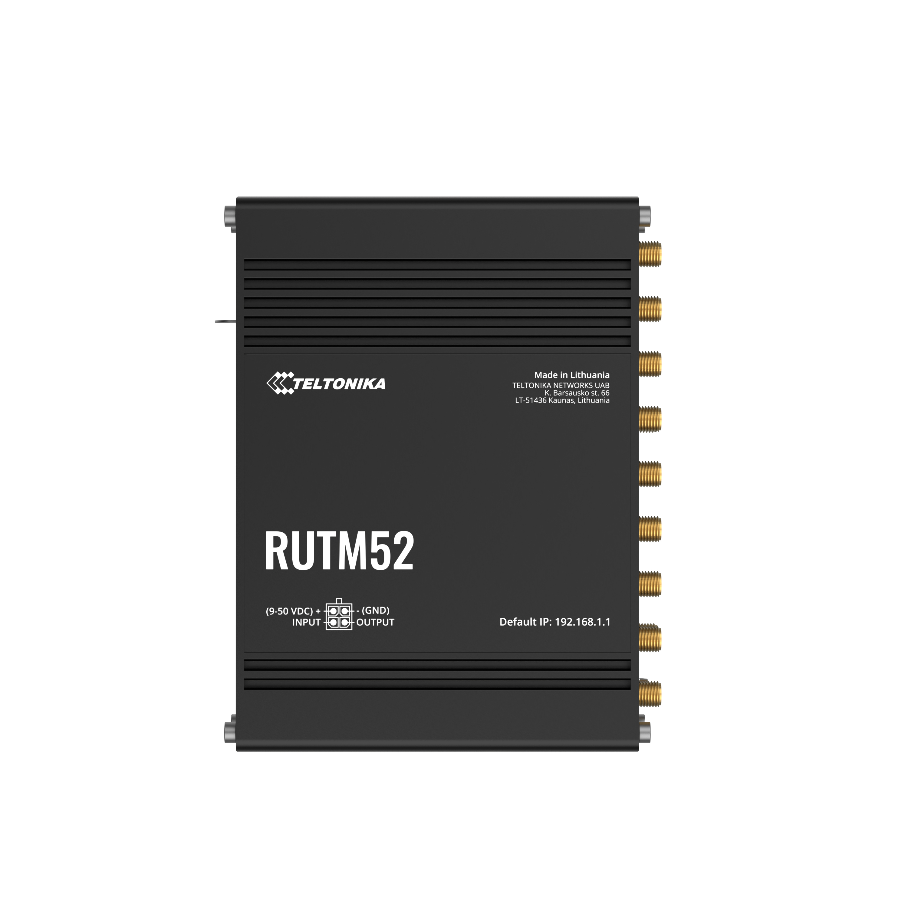 Czarny router Teltonika RUTM52 z portami i etykietami. Wyprodukowano na Litwie.