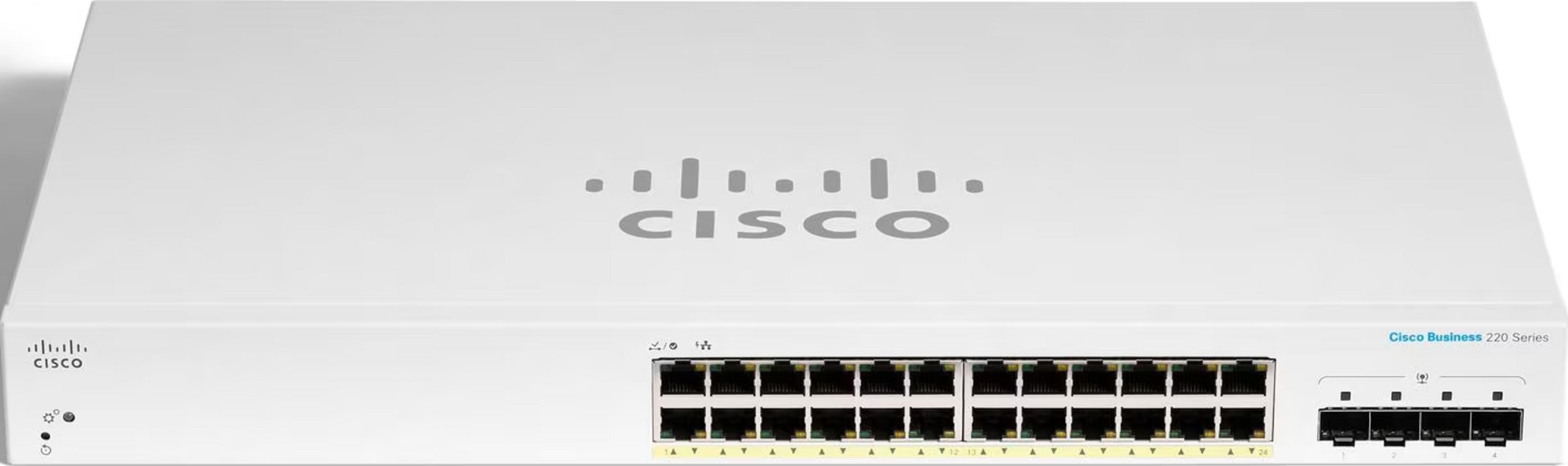 Ein weißer Cisco Business 220 Series Switch mit vielen Anschlüssen.