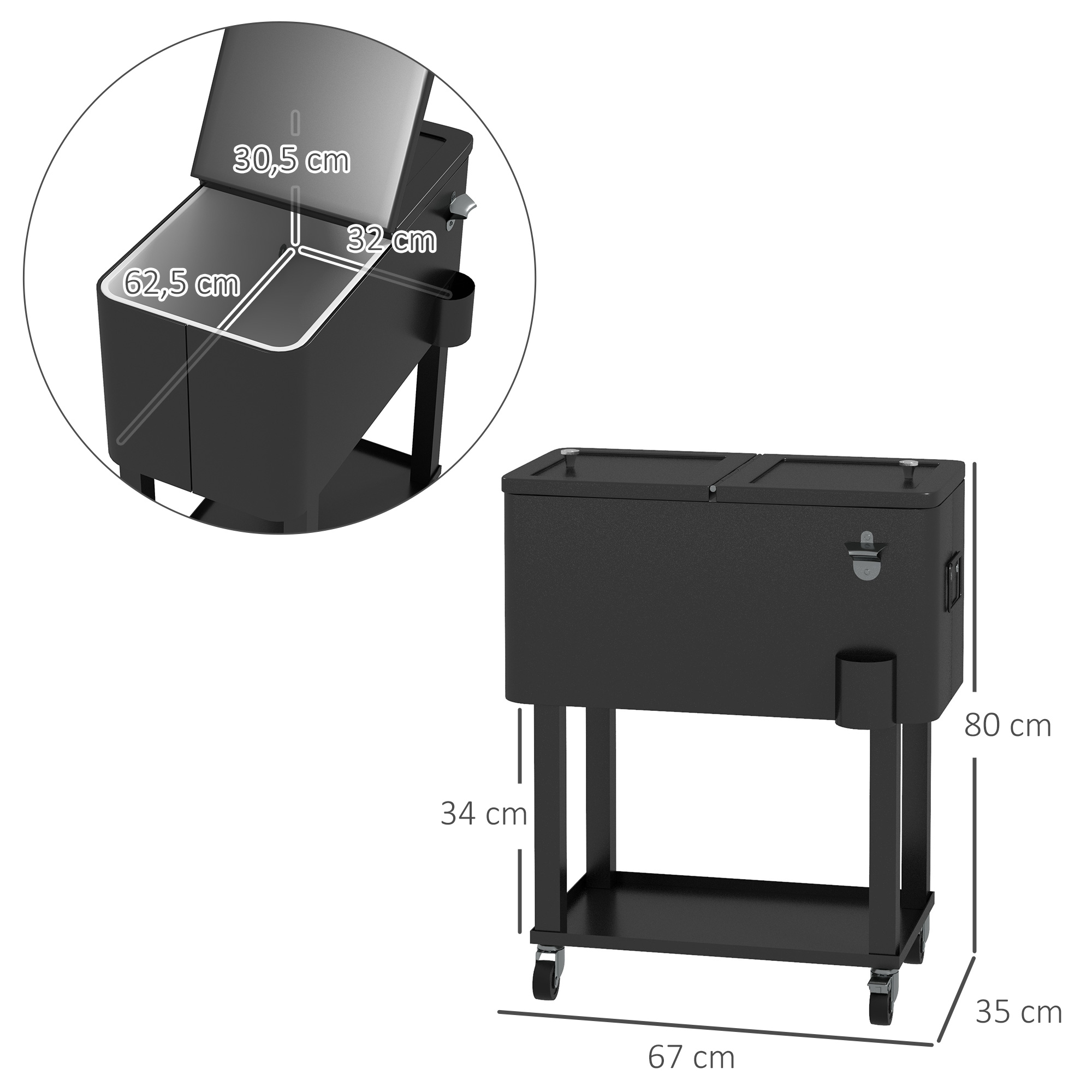 Enfriador móvil negro con tapa abatible, dimensiones: 67x35x80cm.