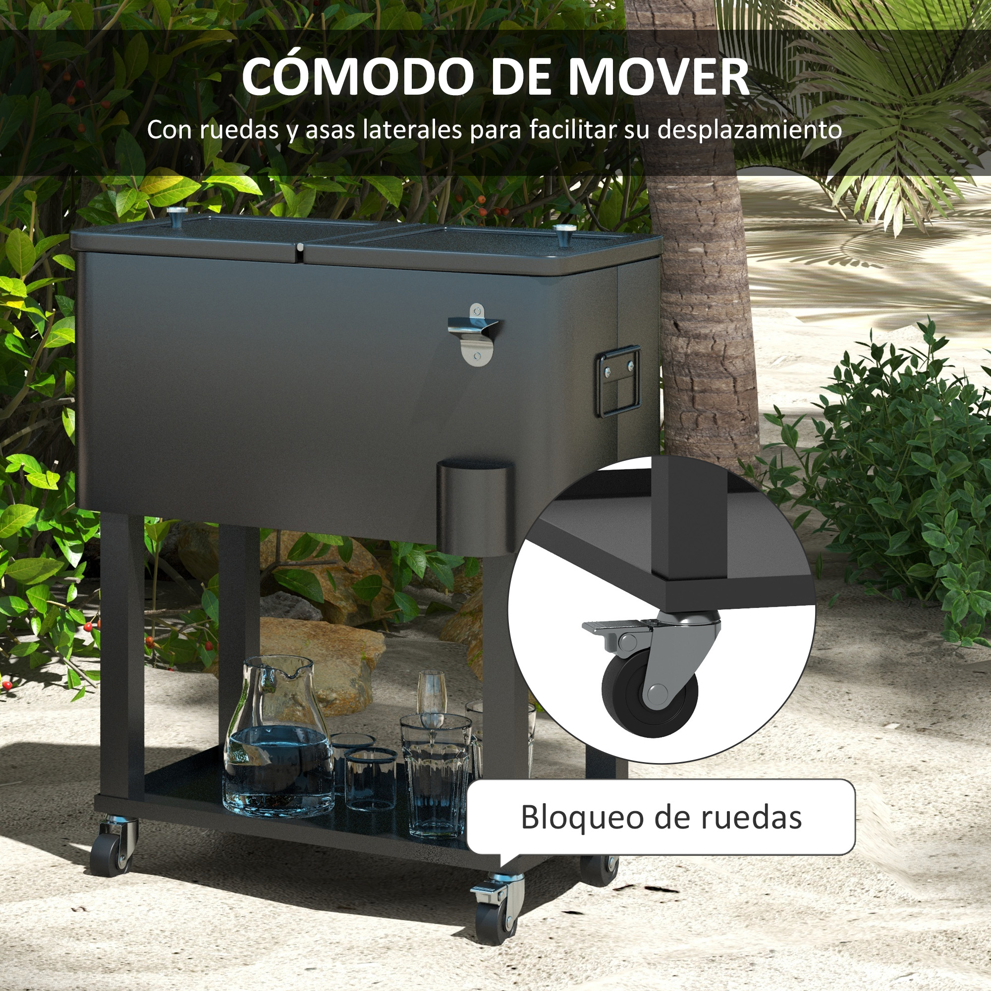 Enfriador negro con ruedas, vasos, jarra y abrebotellas al aire libre.