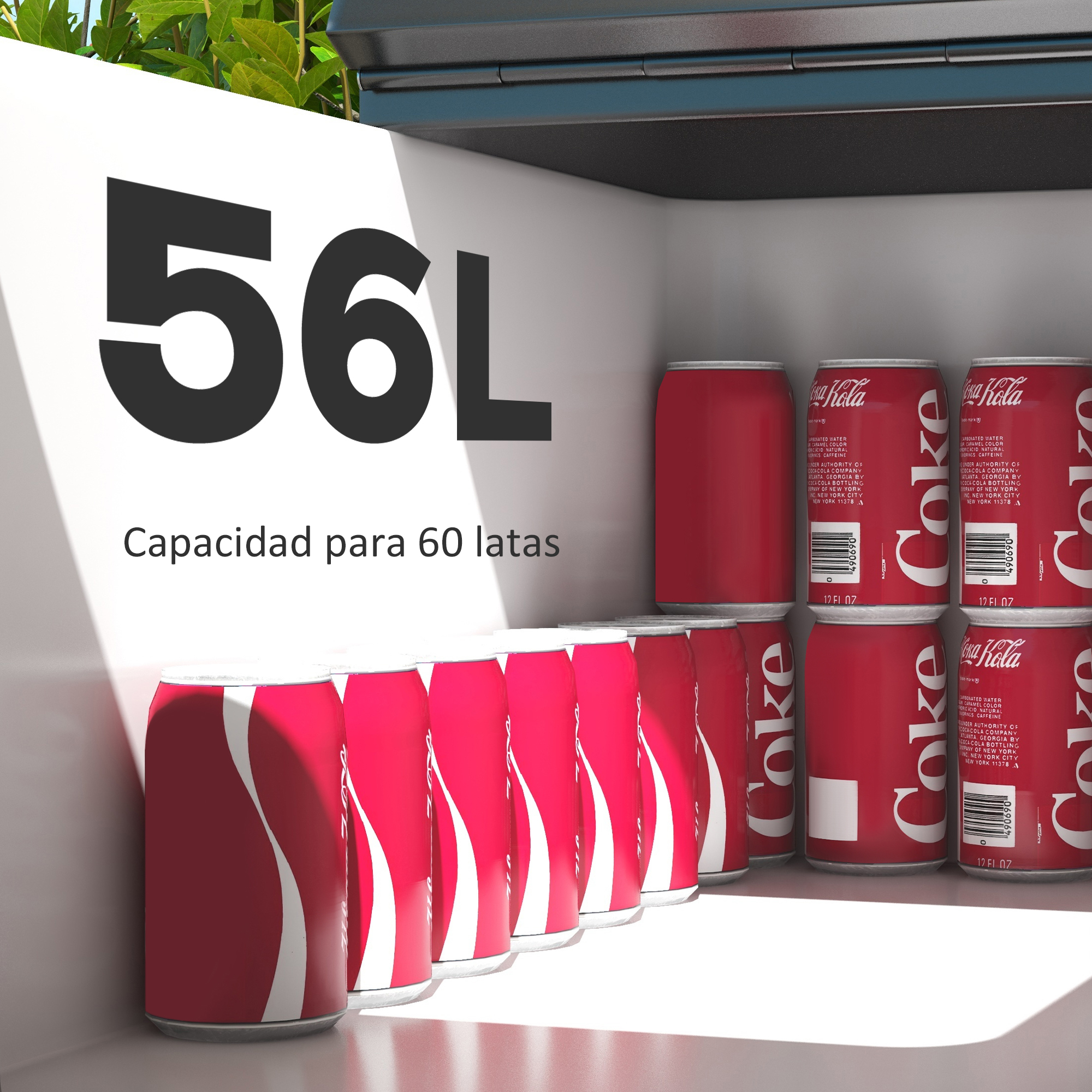 Un enfriador de 56L lleno de latas rojas de Coca-Cola.