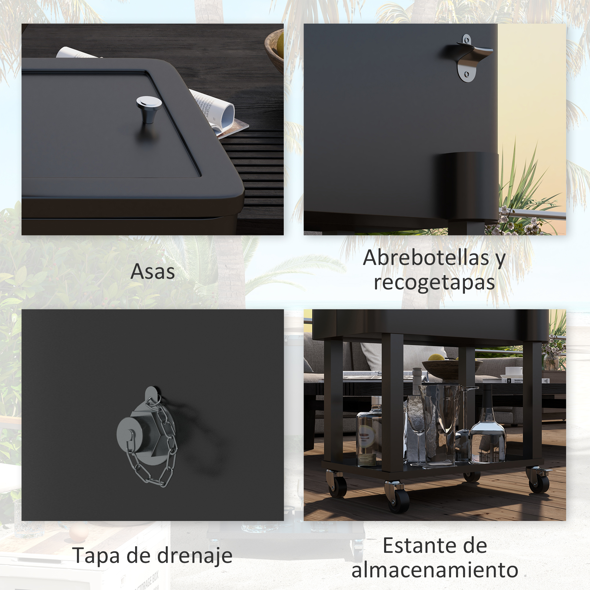 Enfriador negro con abridor de botellas, asa, tapón de drenaje y estante.