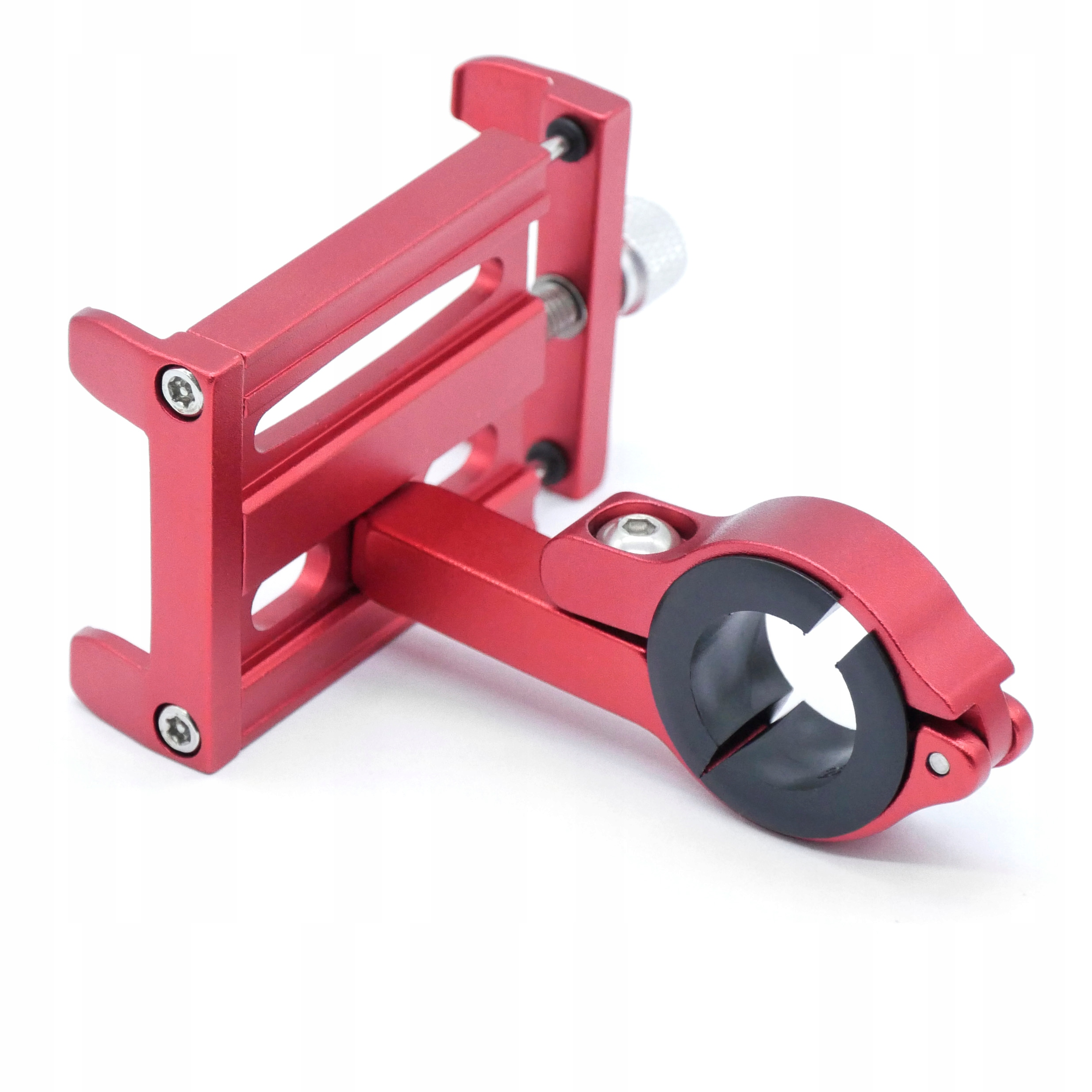 Supporto rosso in alluminio per telefono da bicicletta con morsetto.