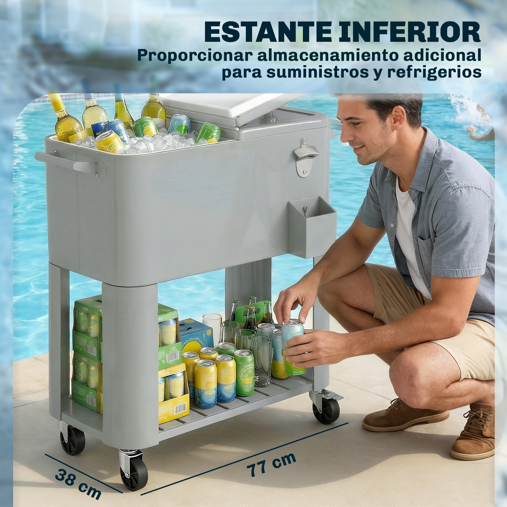 Carro enfriador gris con botellas y latas, hombre agarra una lata.