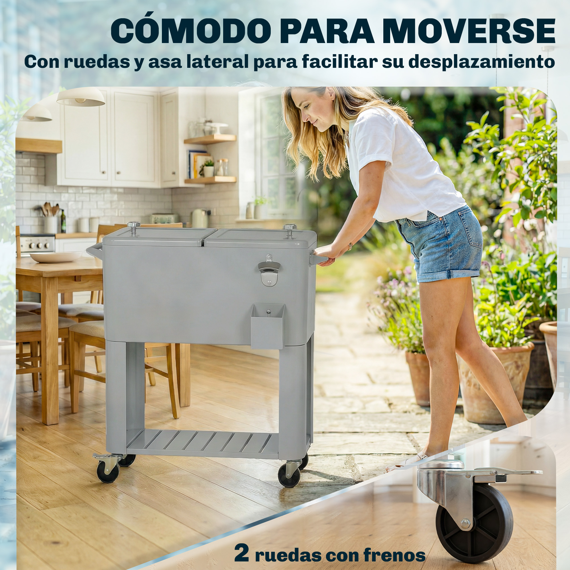 Carro enfriador gris con ruedas y asa, en interiores y exteriores.
