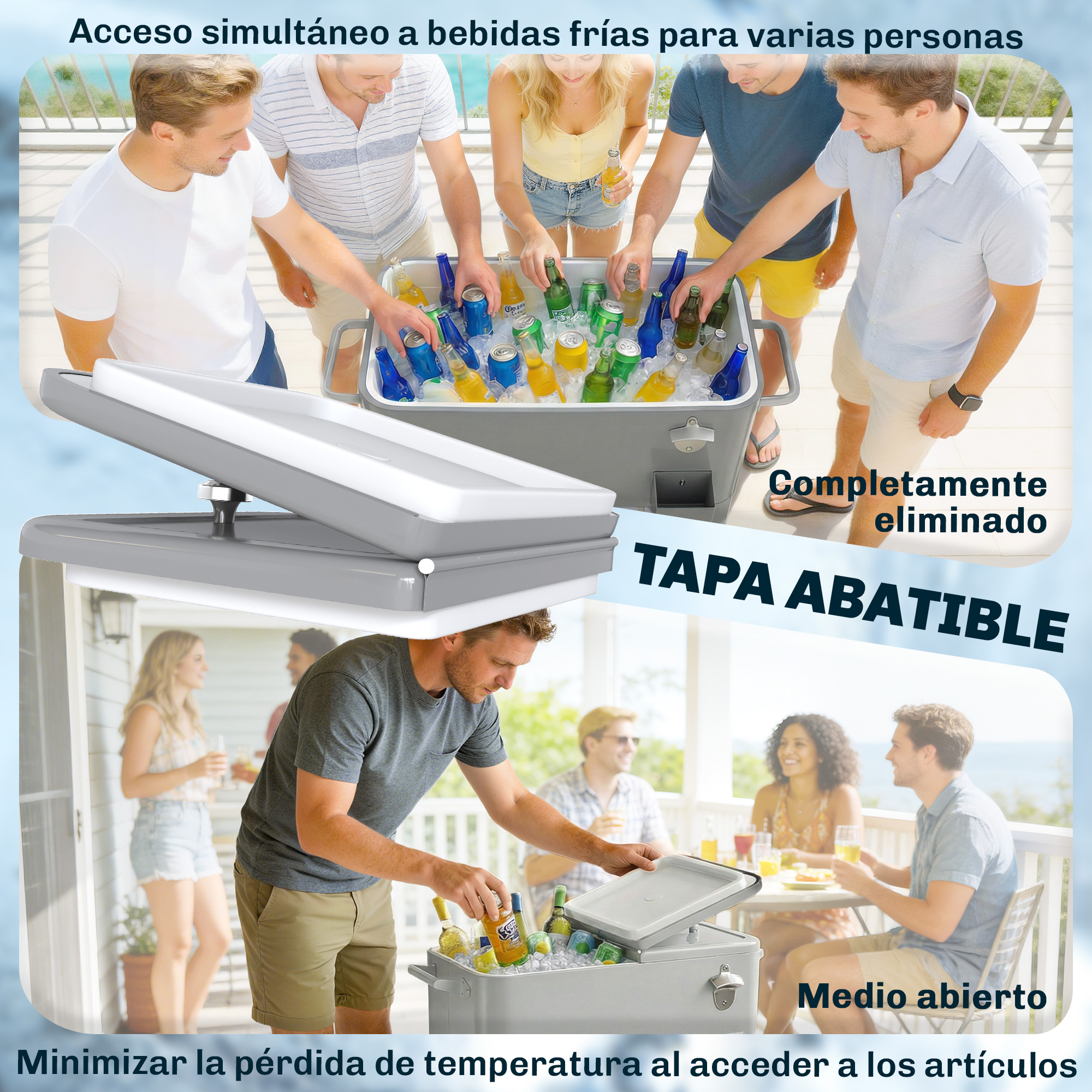 Varias personas acceden simultáneamente a bebidas frías en una hielera.