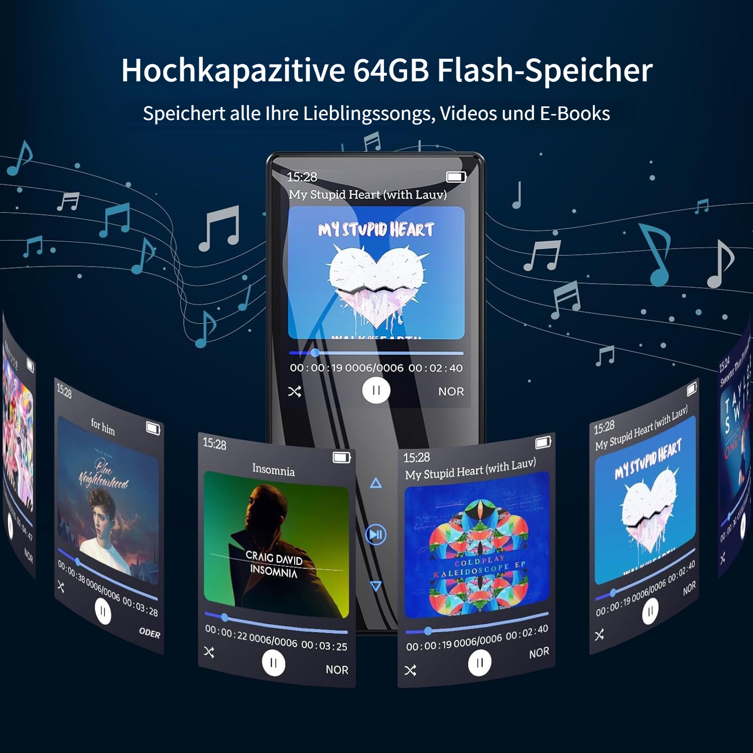 Ein MP3-Player zeigt Albumcover: "My Stupid Heart", "Insomnia", "Kaleidoscope EP".