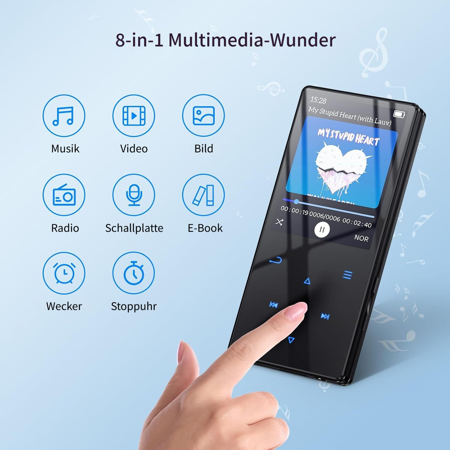 Ein schwarzer Multimedia-Player zeigt ein Albumcover und eine Hand bedient ihn.