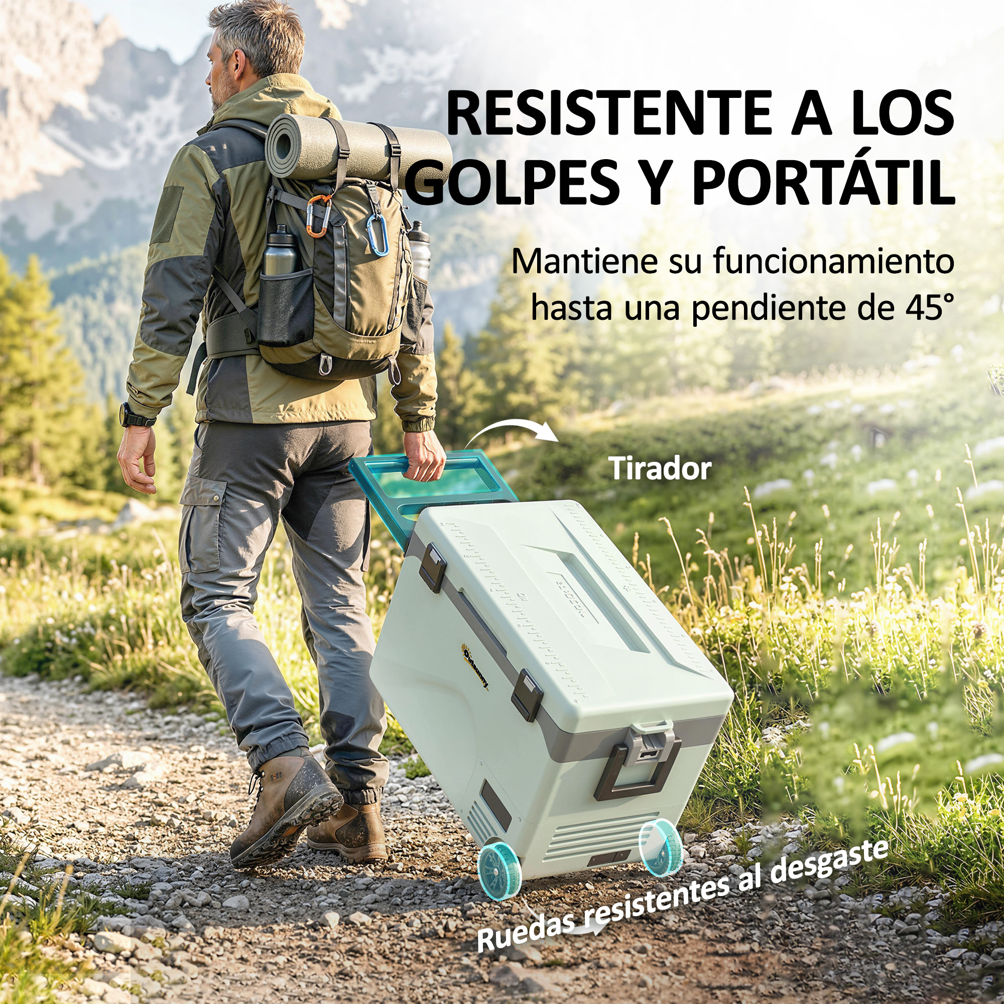 Un hombre arrastra una nevera portátil verde claro con ruedas por un camino rocoso.