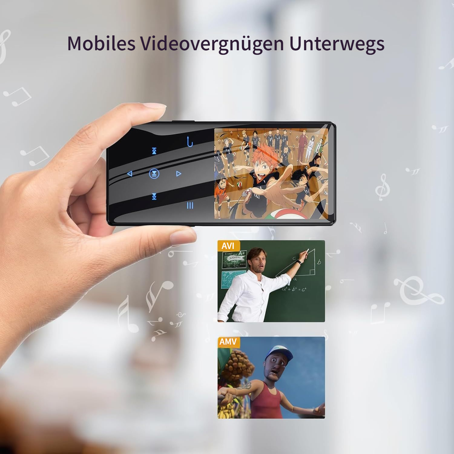 Person hält ein Handy, das Anime, eine Lehrszene und eine Zeichentrickfigur zeigt.
