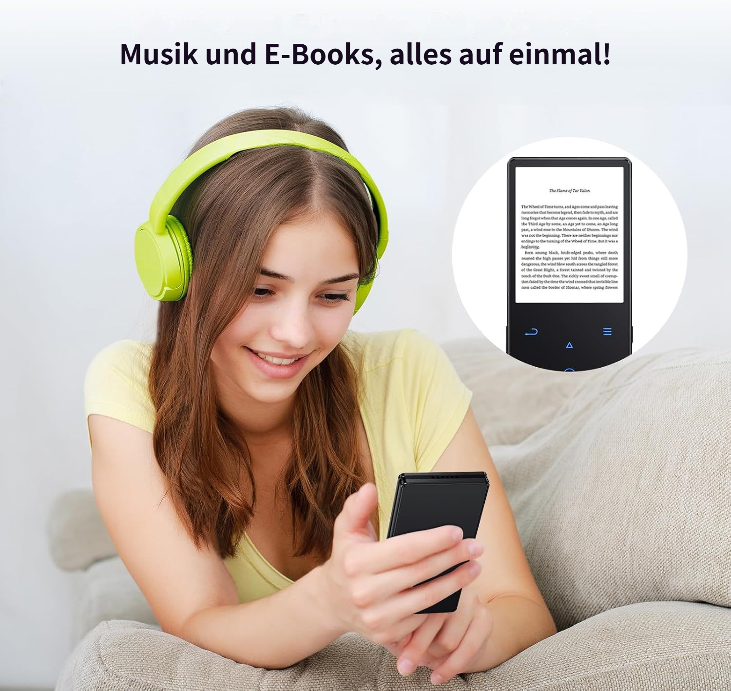 Ein junges Mädchen mit Kopfhörern liest auf einem E-Reader.