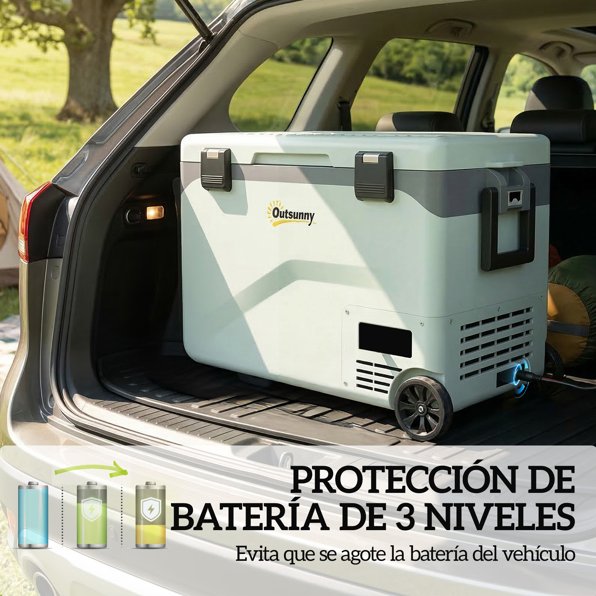 Una hielera con ruedas está guardada en un coche. Hay un gráfico de indicador de batería.