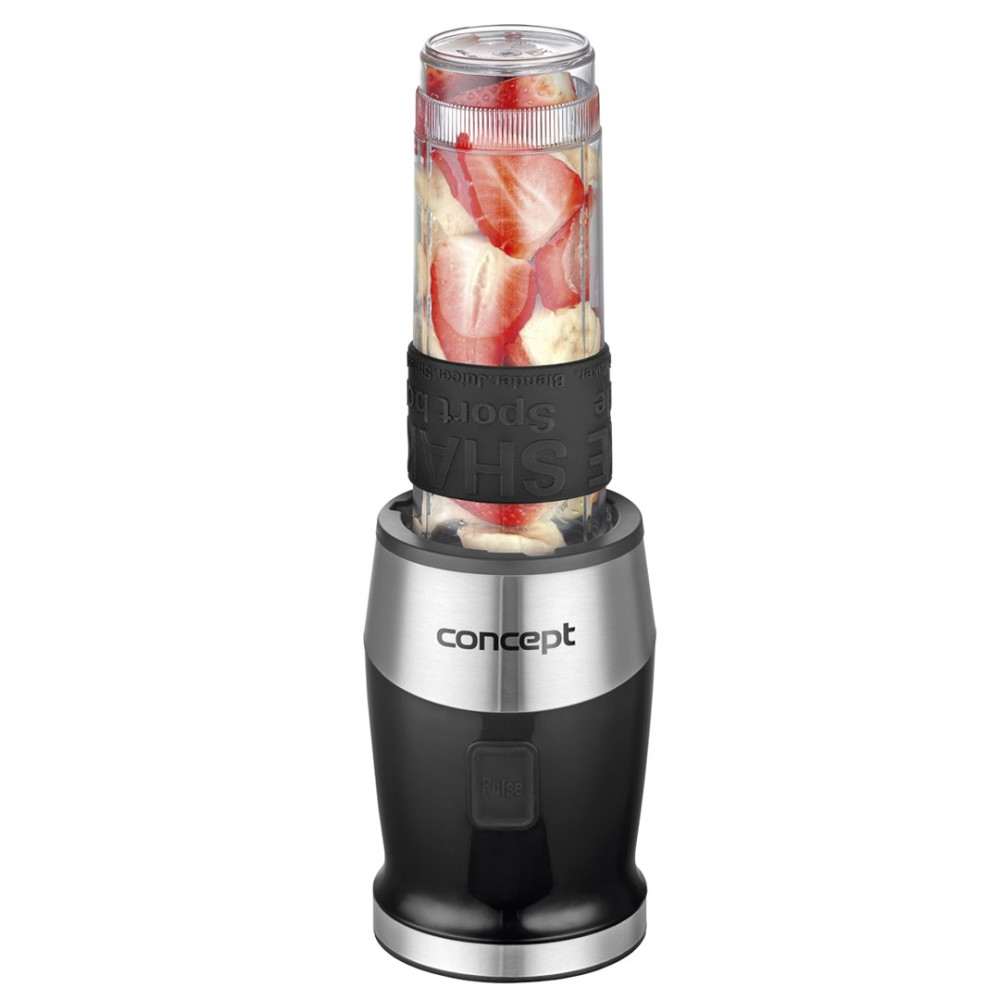 Czarny blender z przezroczystym pojemnikiem wypełnionym truskawkami i bananami.
