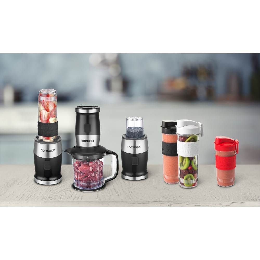 Kilka blenderów Concept ze składnikami: truskawki, mięso, nasiona, owoce.