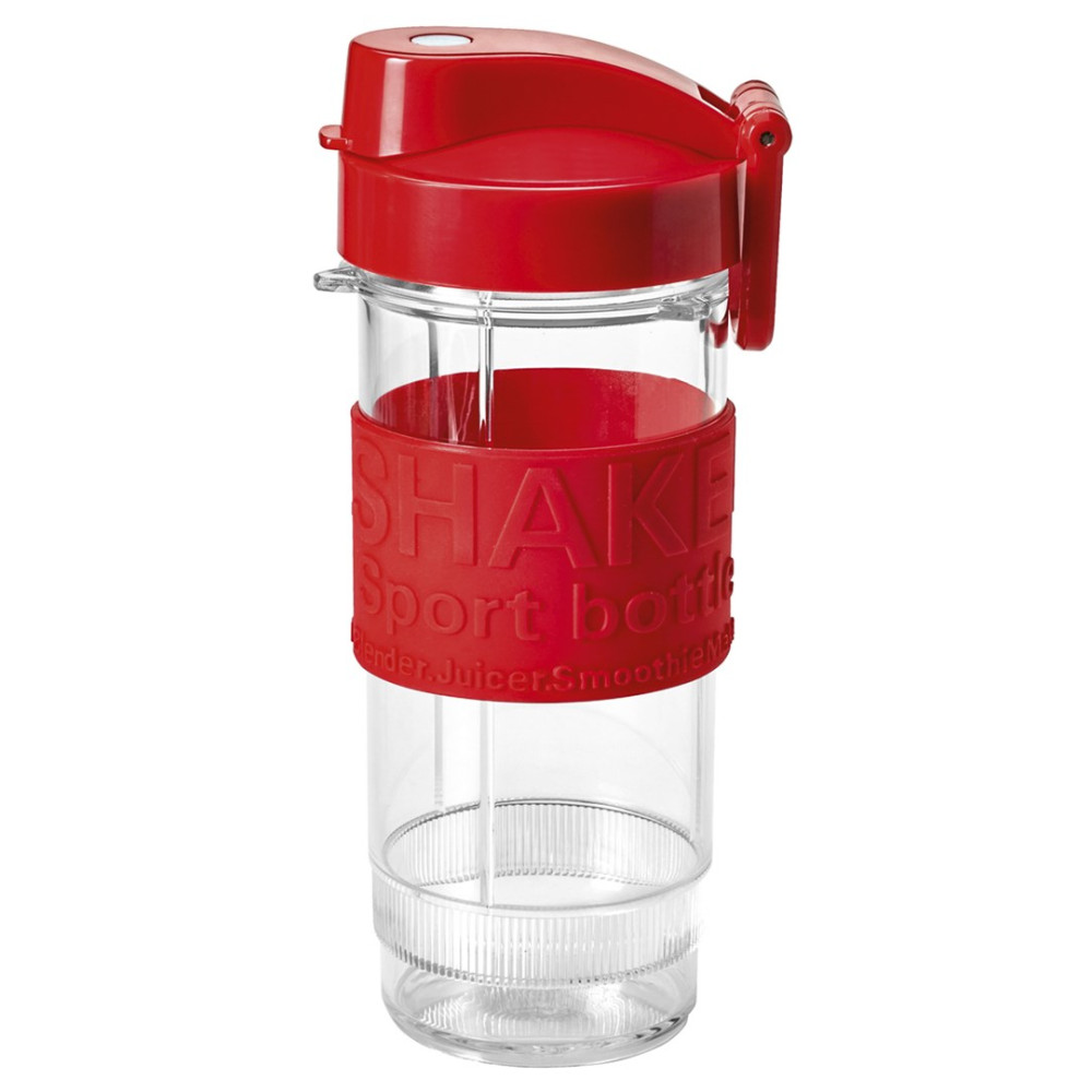 Przezroczysta butelka sportowa z czerwonym wieczkiem i czerwonym uchwytem z napisem "SHAKE Sport bottle".