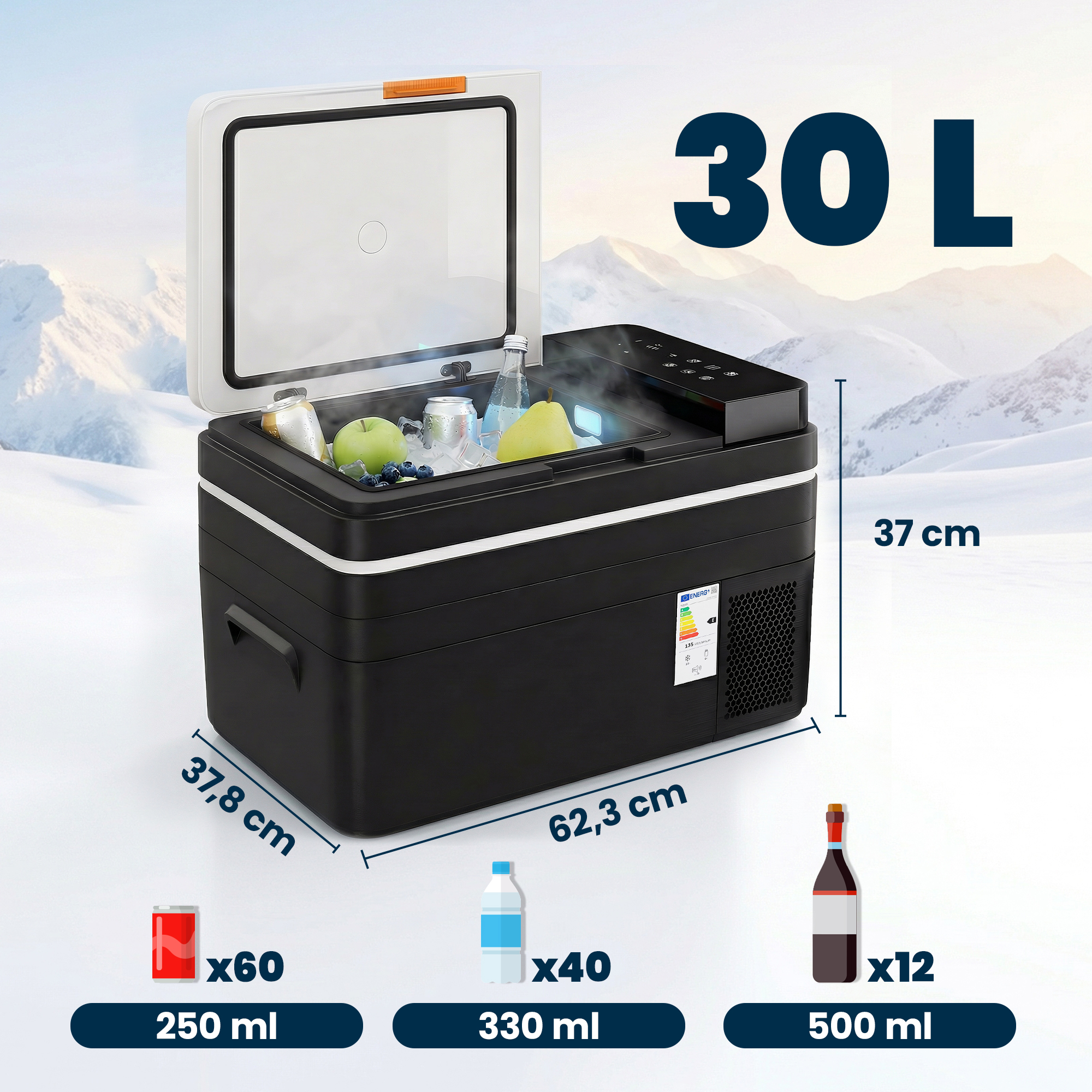 Nevera portátil de 30L con tapa abierta, llena de frutas, bebidas y hielo. Dimensiones mostradas.