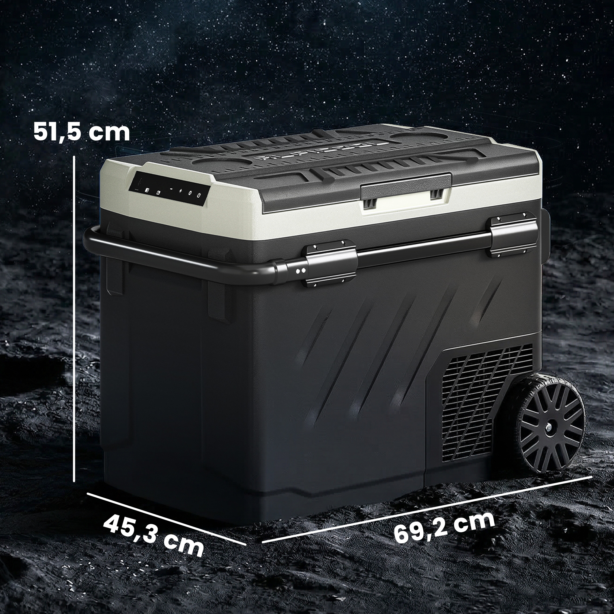 Nevera negra con ruedas, dimensiones 51,5 x 45,3 x 69,2 cm.