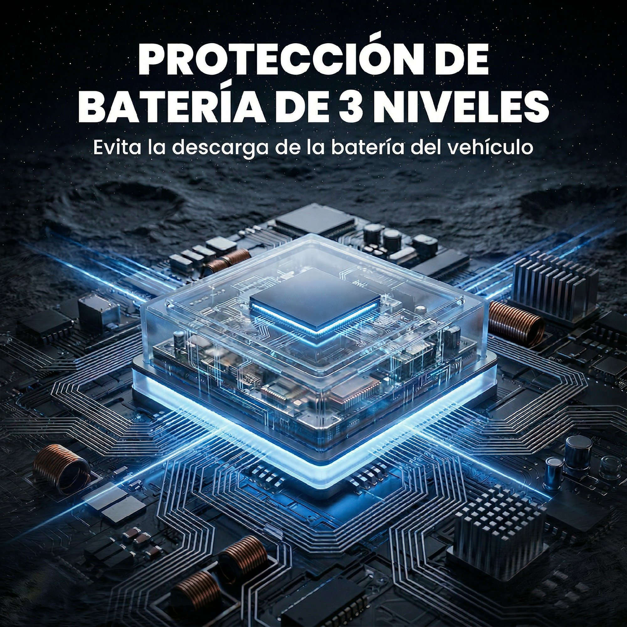Vista superior de una placa de circuito con carcasa transparente e iluminación azul.