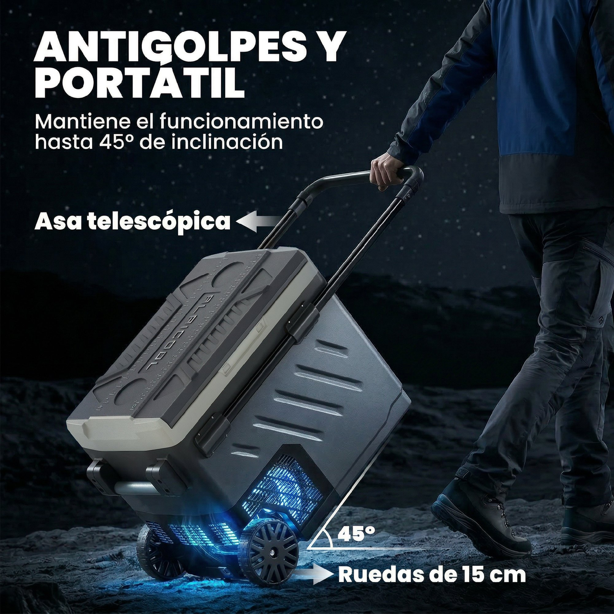 Persona arrastra un carrito de hielera gris con asa telescópica y ruedas de 15cm.