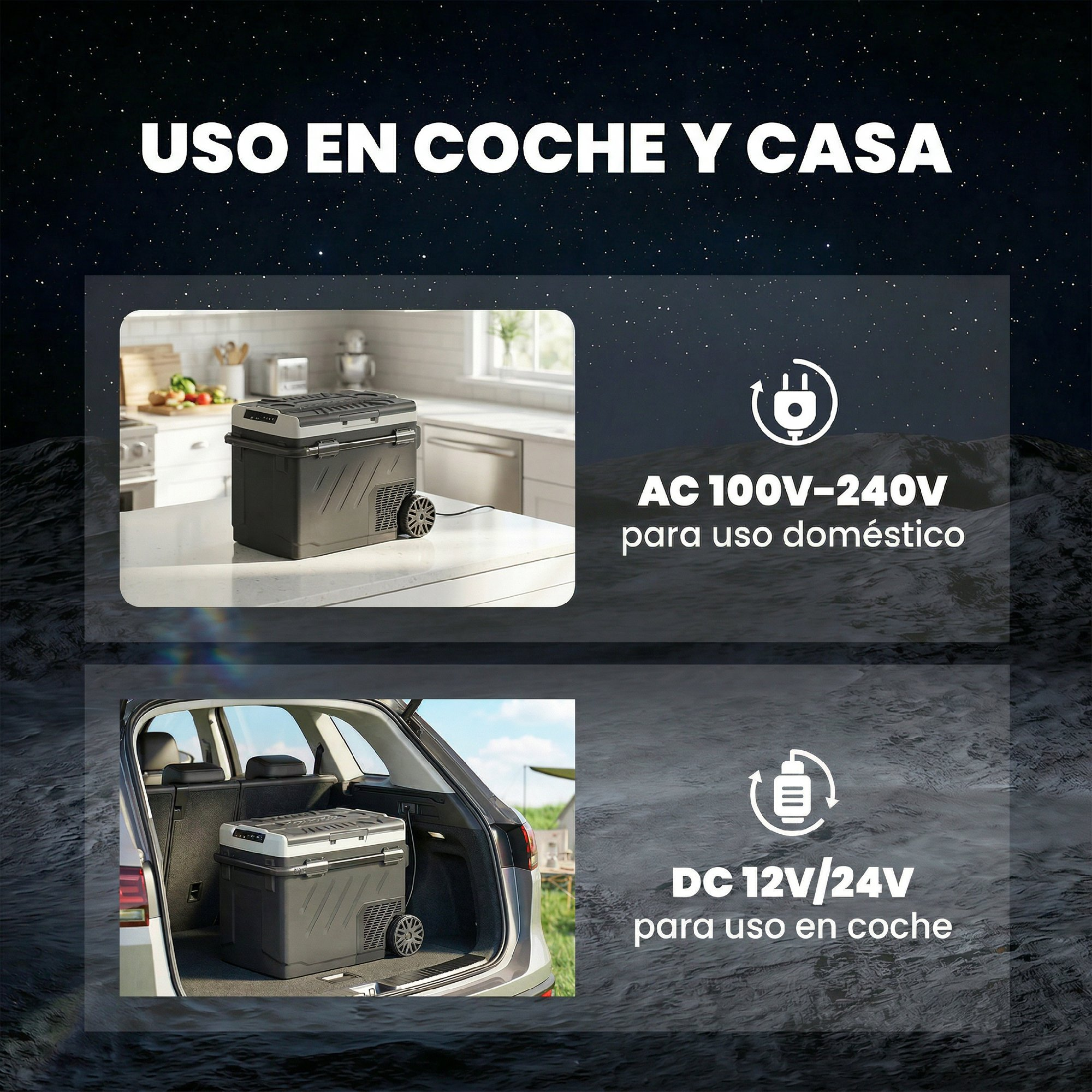 Nevera portátil mostrada en cocina y en maletero de coche.