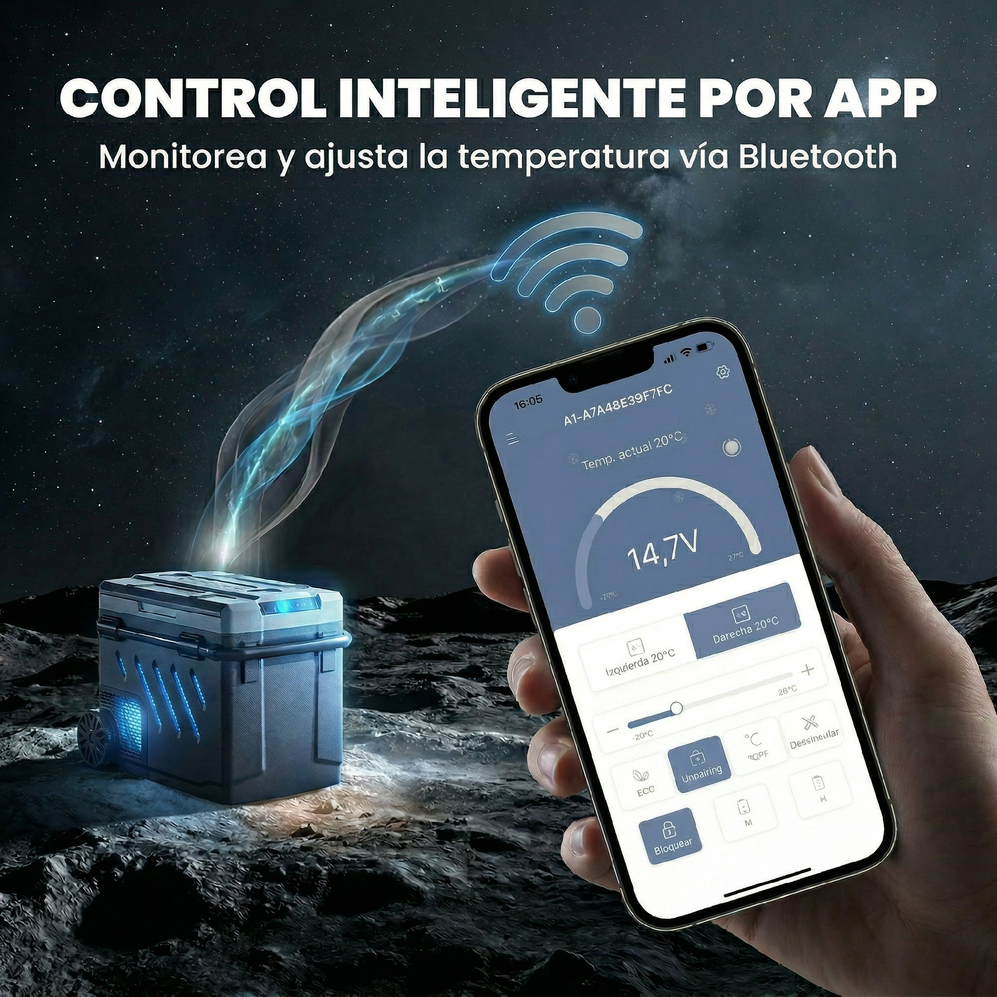 Una mano sostiene un smartphone con una app de nevera. Una nevera está a su lado.
