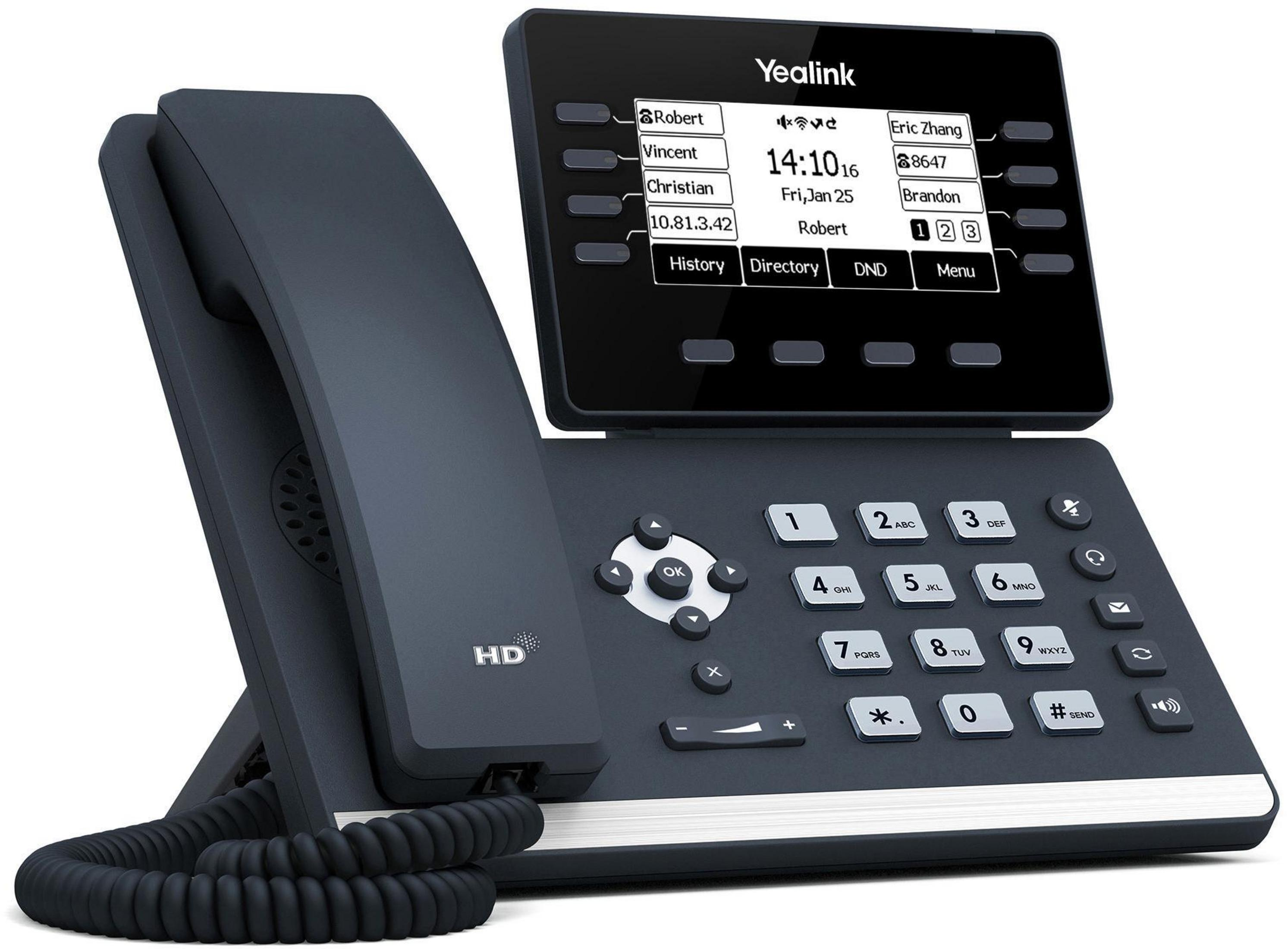 Un telefono Yealink nero con schermo grande e tastiera.