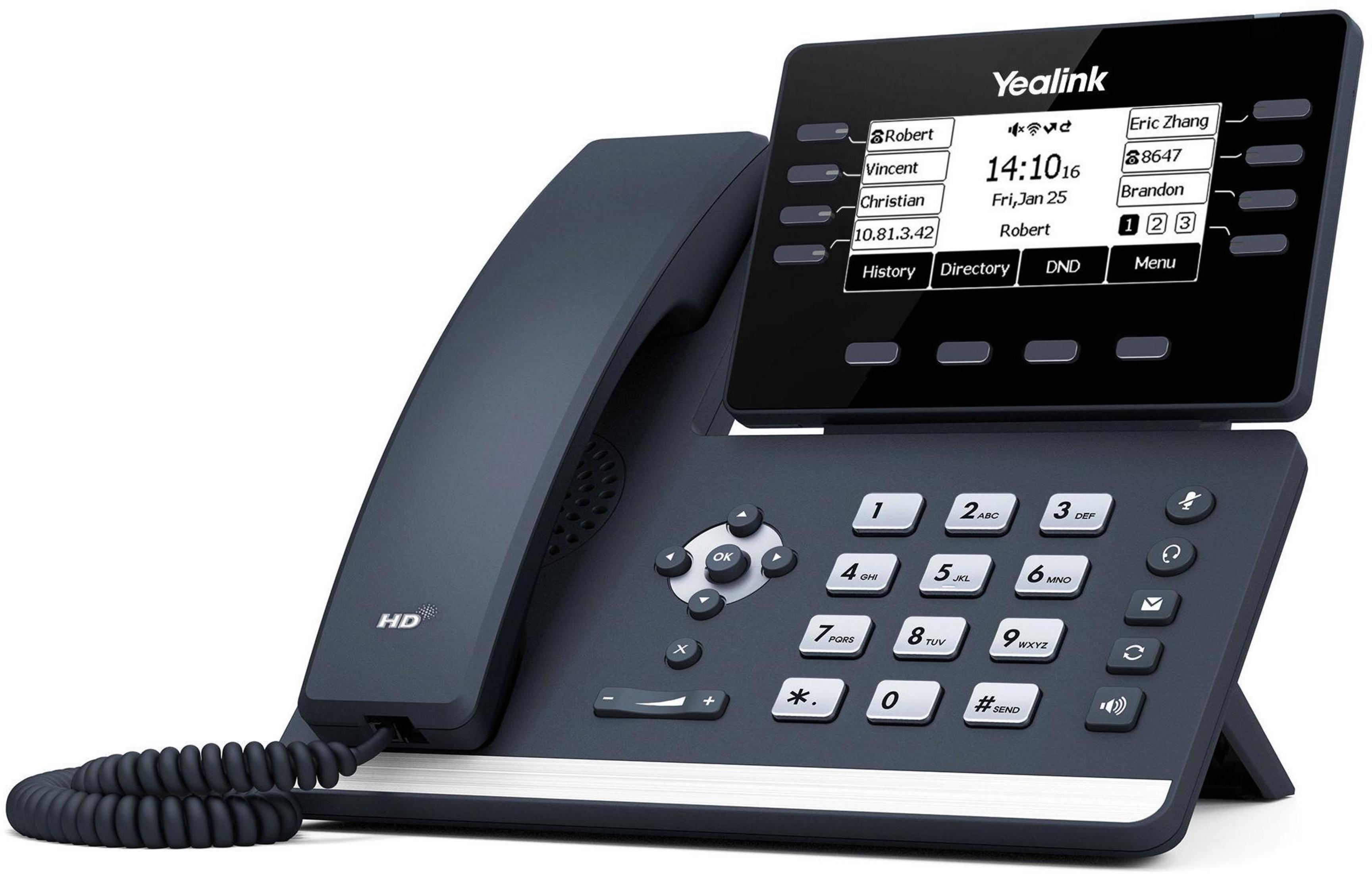 Un telefono da scrivania Yealink scuro con ampio schermo che mostra contatti e ora.