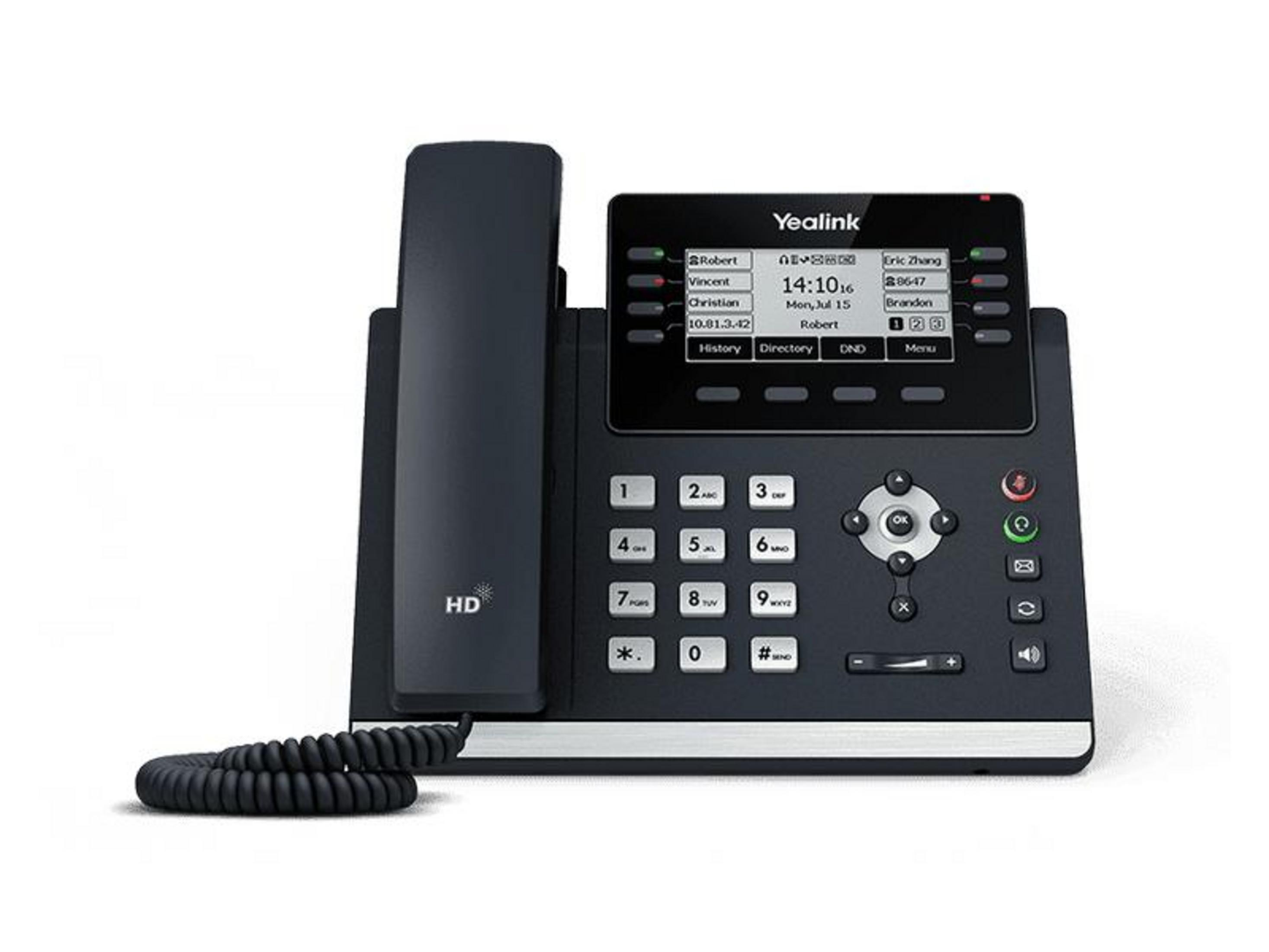 Un telefono da scrivania Yealink nero con cornetta e schermo illuminato che mostra contatti.