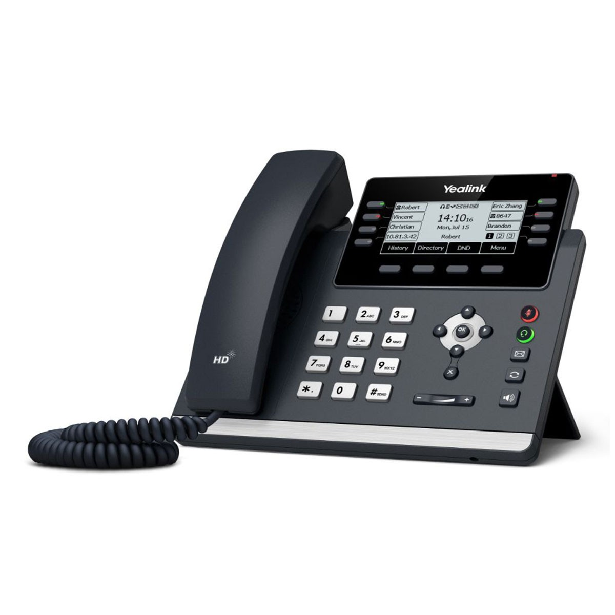 Un telefono da scrivania Yealink nero con audio HD, cavo a spirale e display digitale.