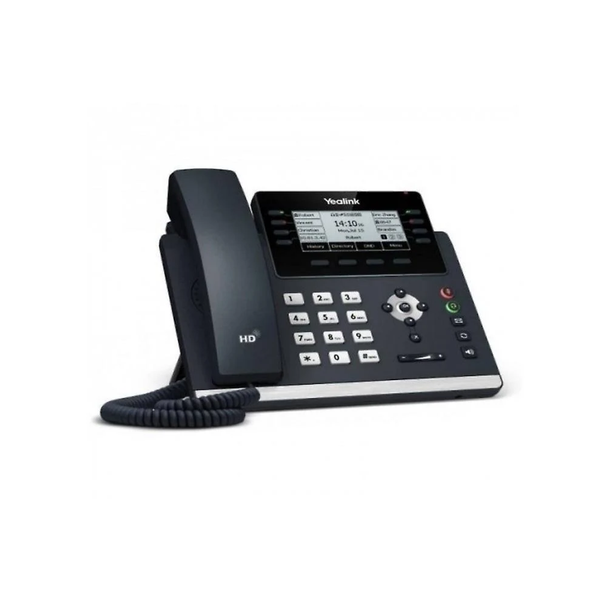 Un telefono da scrivania Yealink HD nero con cornetta e display retroilluminato.