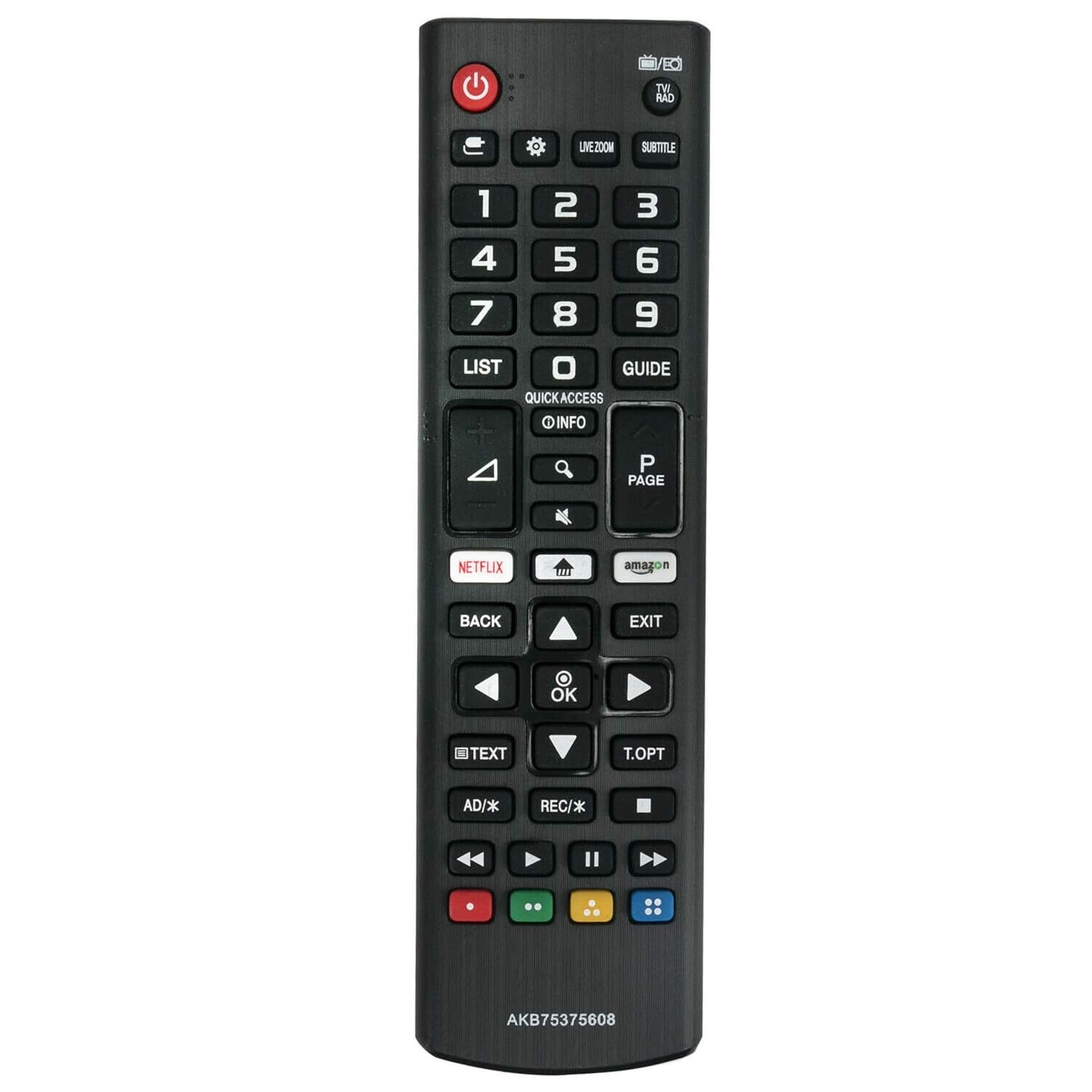 Schwarze Fernbedienung mit nummerischen Tasten, Navigation und Streaming-Buttons.