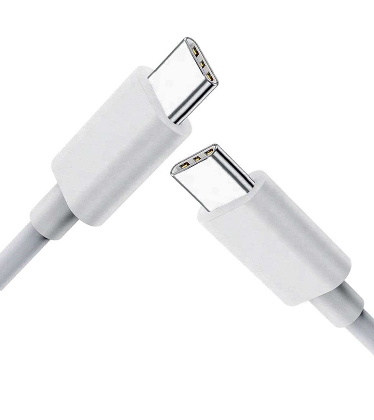 Zwei weiße USB-C-Kabel mit silbernen Anschlüssen auf weißem Hintergrund.