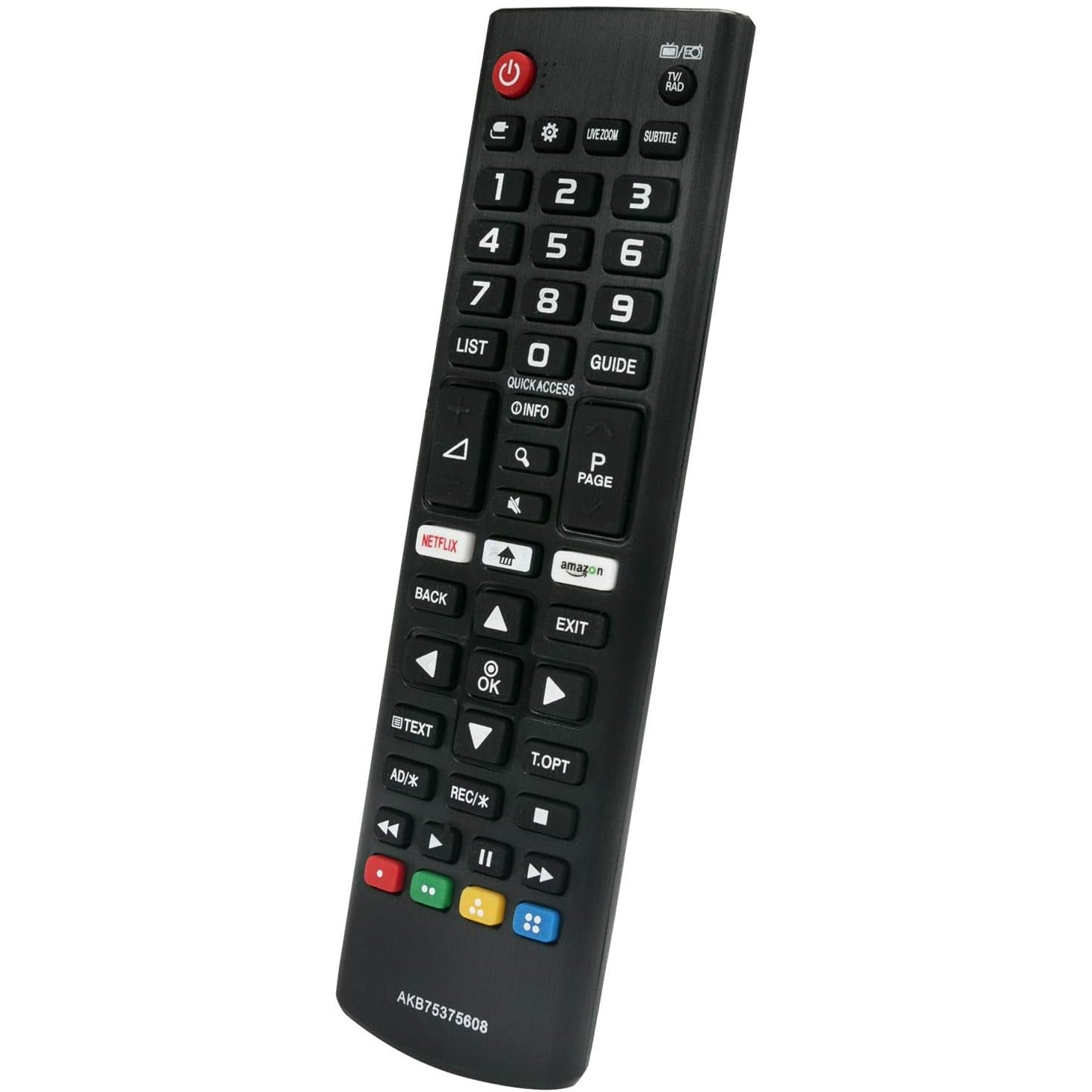 Schwarze Fernbedienung mit nummerischen Tasten, Netflix- und Amazon-Buttons.
