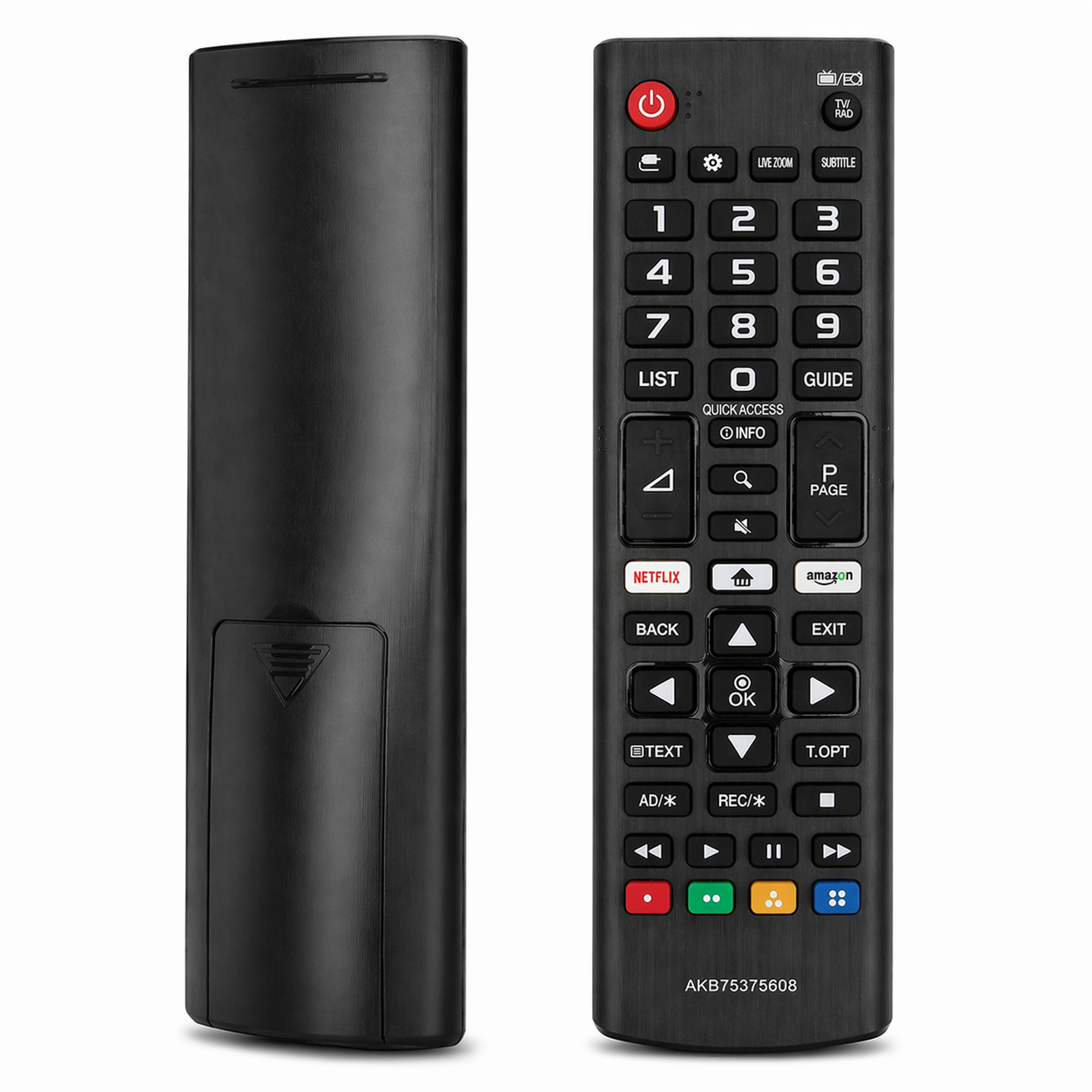 Schwarze TV-Fernbedienung mit Zifferntastatur, Netflix & Amazon-Tasten.