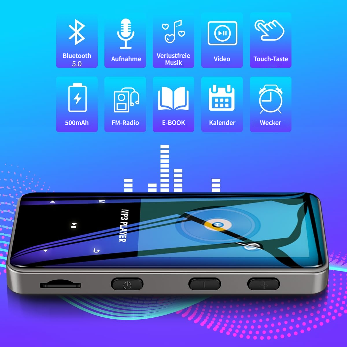 Ein MP3-Player mit Symbolen für Bluetooth, Aufnahme, verlustfreie Musik, Video, Touch-Taste, 500mAh, FM-Radio, E-Book, Kalender und Wecker.